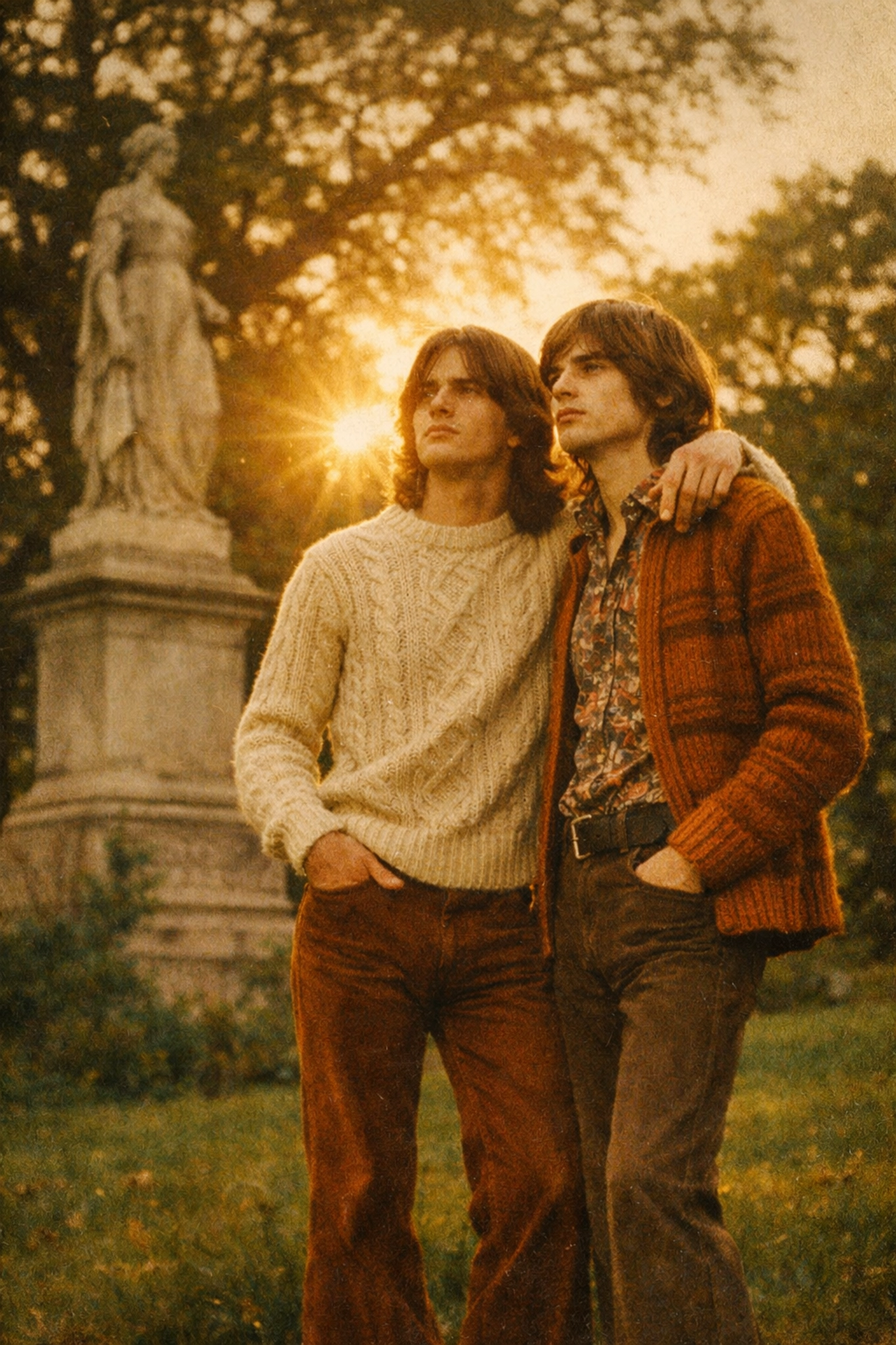 Two young men in 1970s vintage fashion standing in Auckland's Albert Park, evoking gay historical romance.
