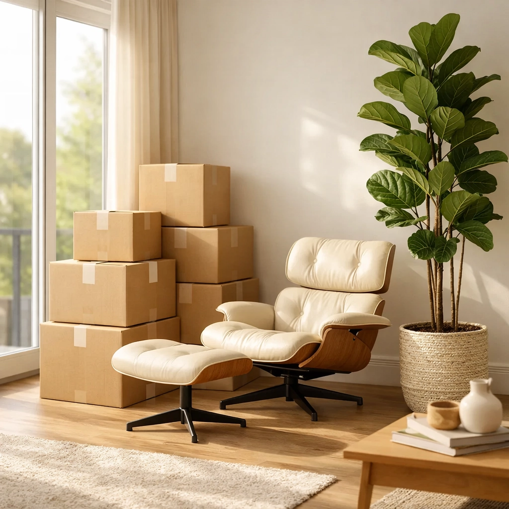 Organized moving boxes in a sun-drenched living room during a strategic home transition.