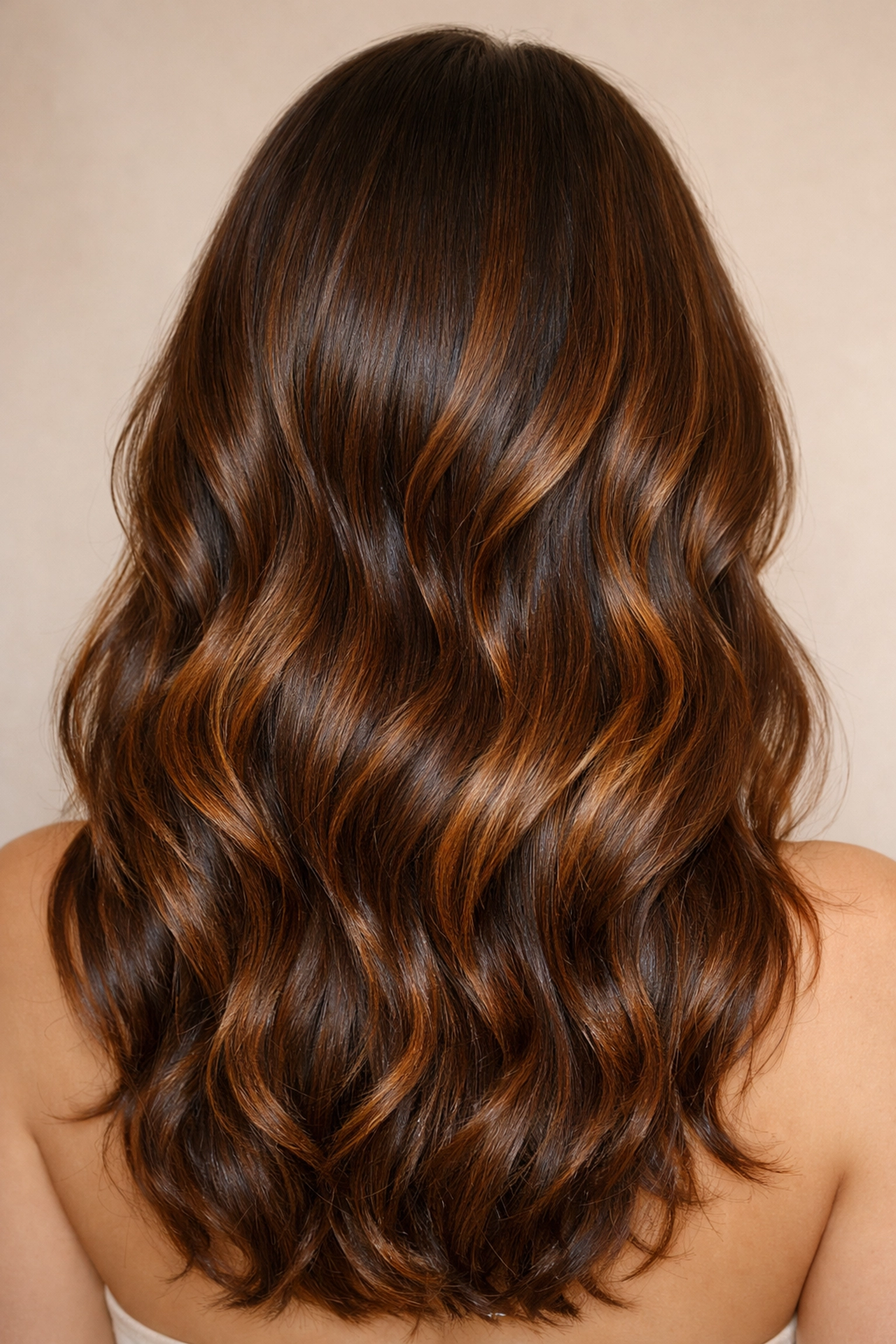 Caramel flan brunette hair color with seamless dimensional tones and healthy shine