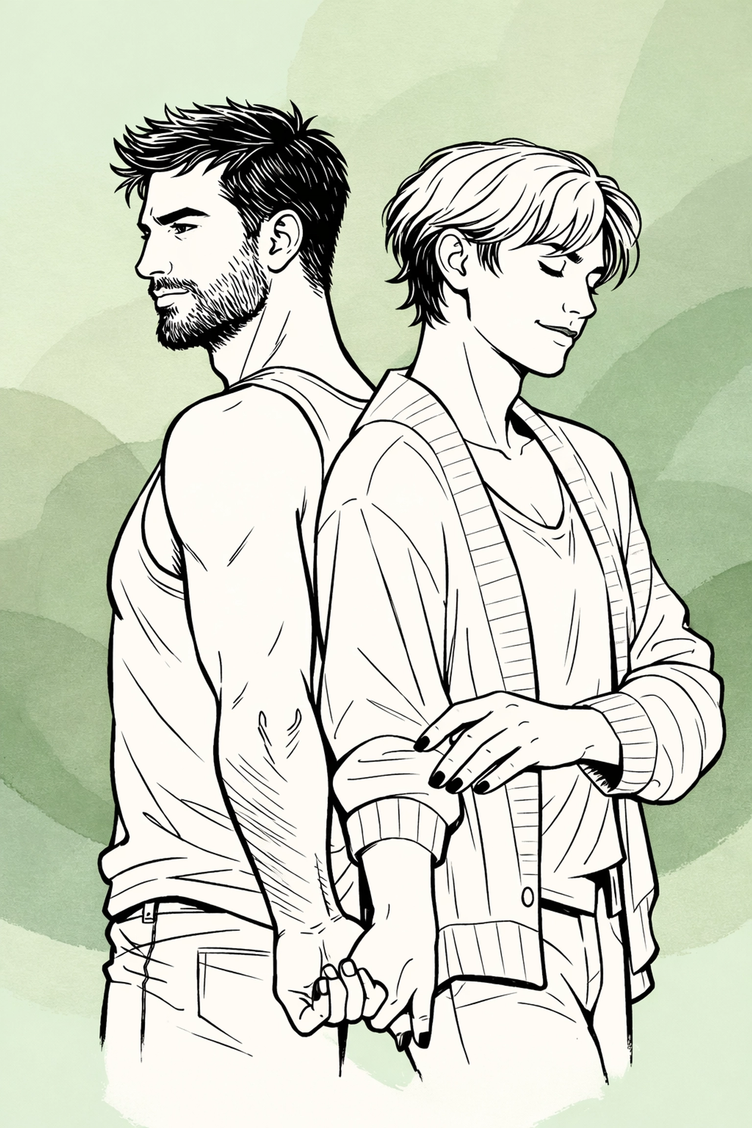 Two men with different gender expressions in a modern MM illustration, highlighting identity in queer fiction.