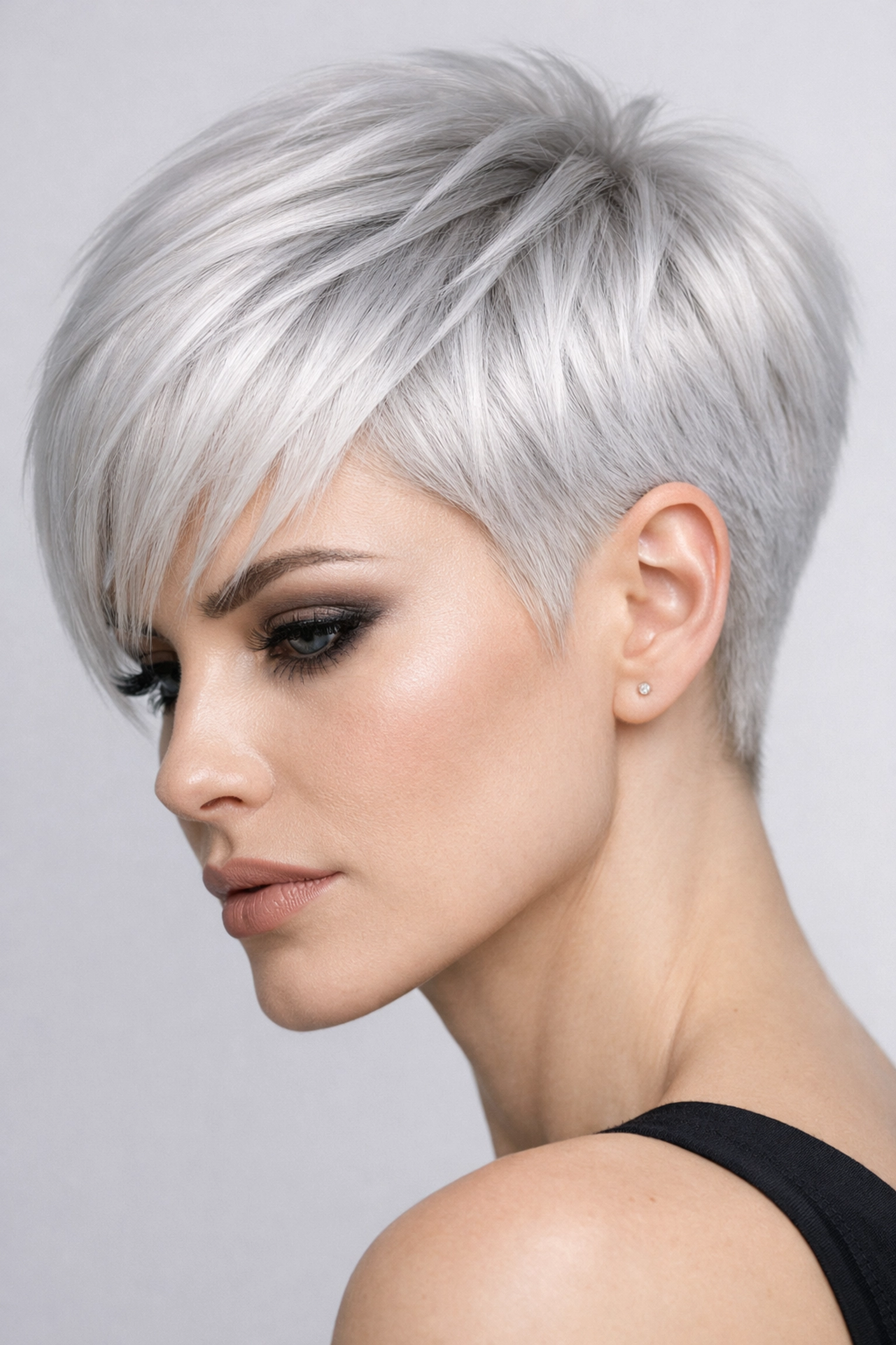 Platinum blonde pixie cut hair transformation showing modern short hairstyle