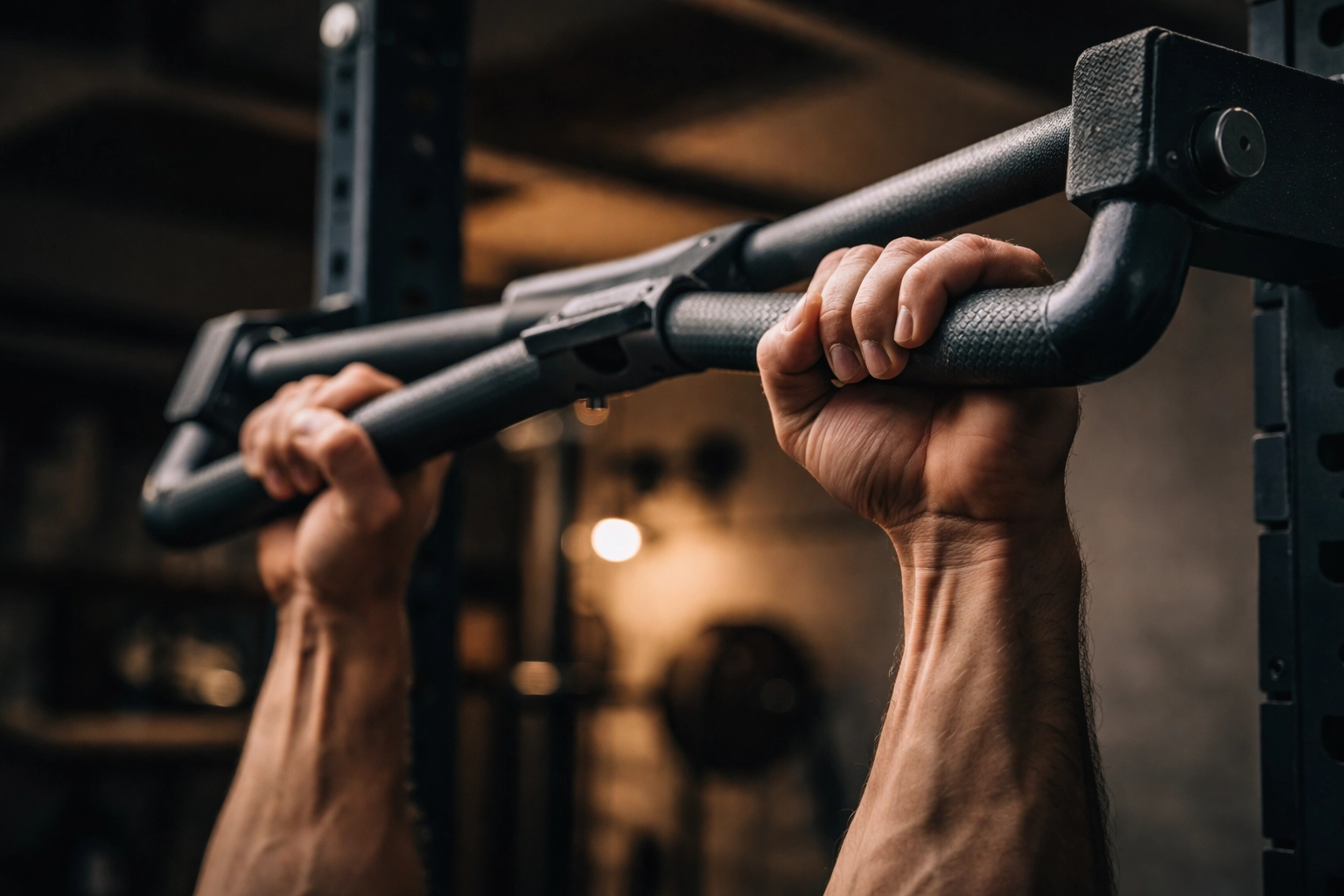 Close-up of hands gripping a durable steel pull-up bar in a home gym, emphasizing quality calisthenics equipment for home use.