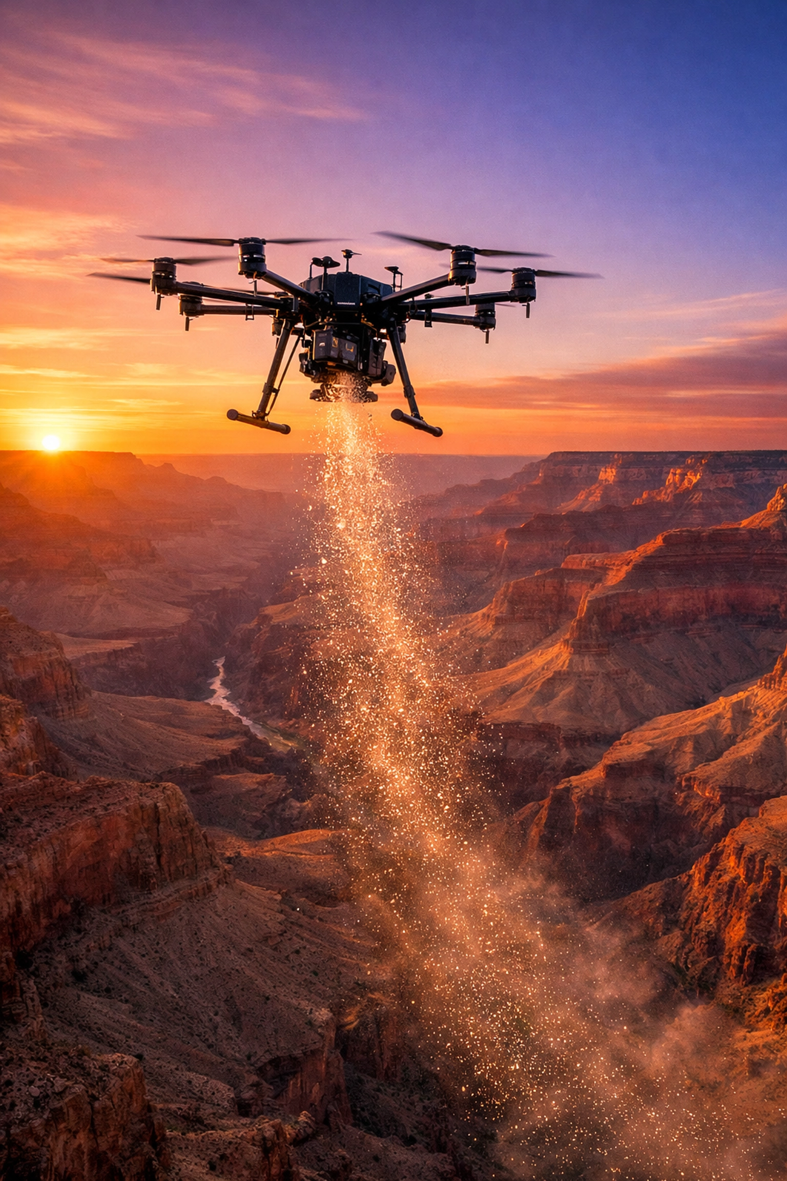 Professional drone ash scattering ceremony over the Grand Canyon during a sunset memorial service.