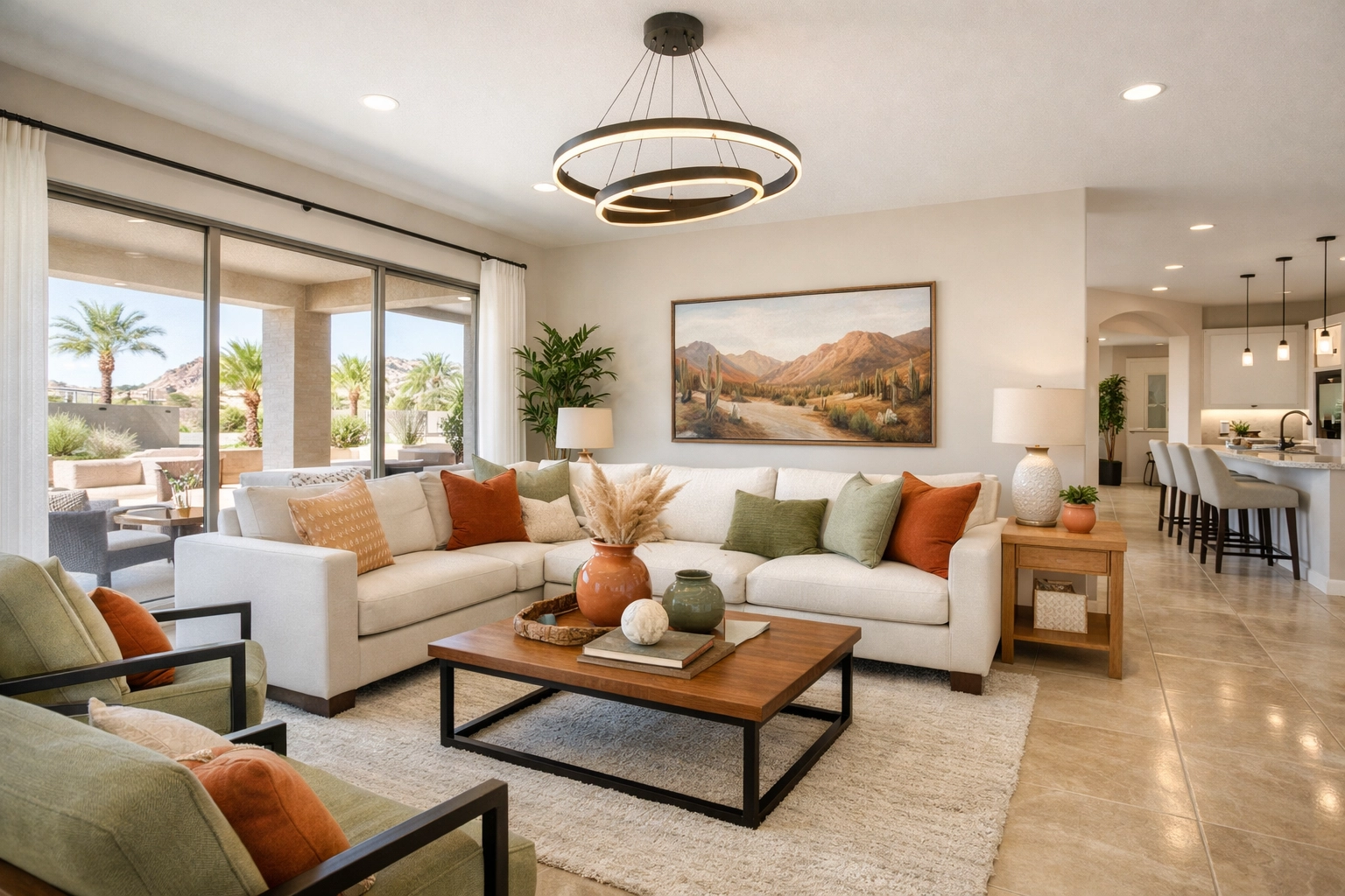 Professionally staged Las Vegas home living room with modern furniture and desert-inspired decor