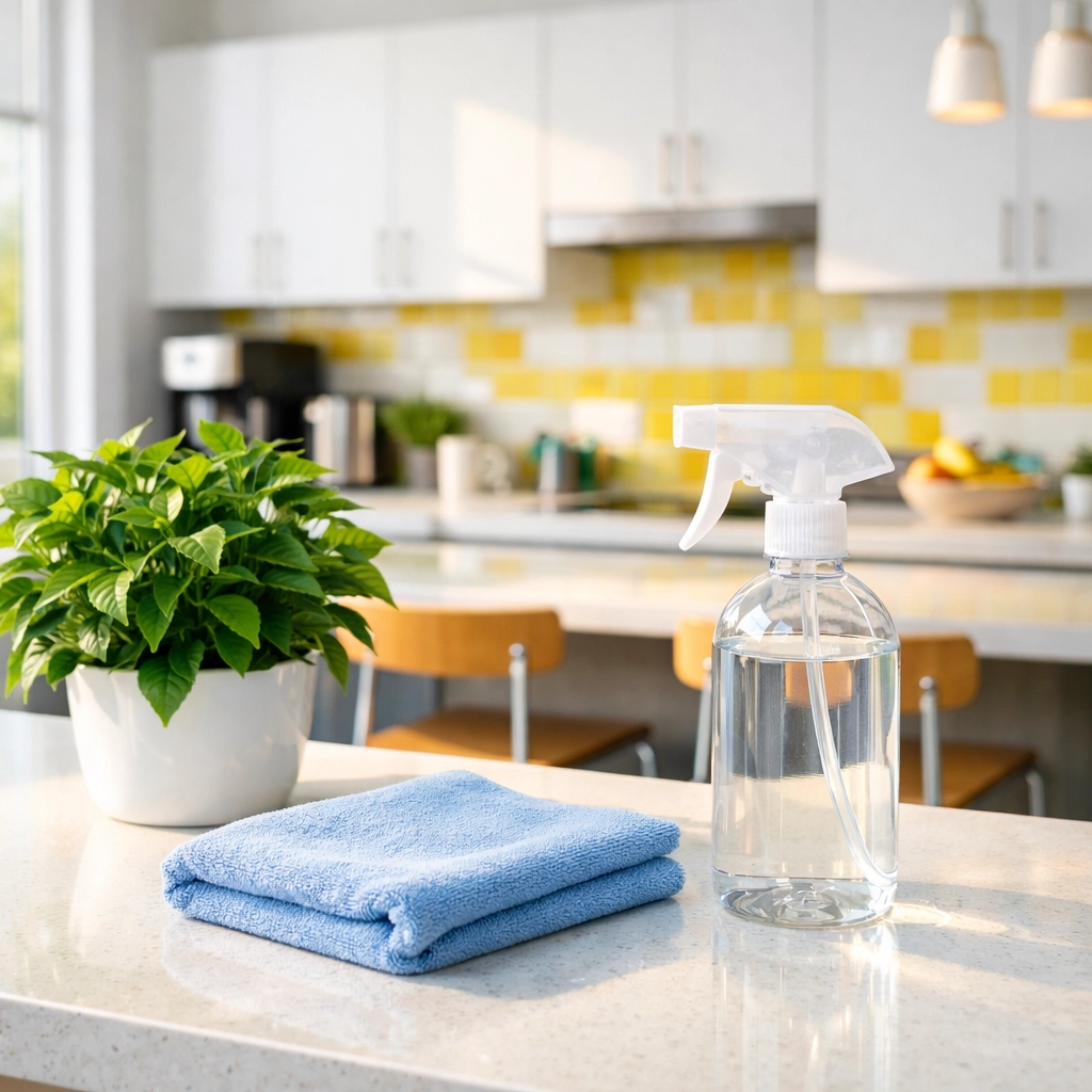 Eco-friendly office cleaning in a Westford breakroom with a spotless quartz countertop.