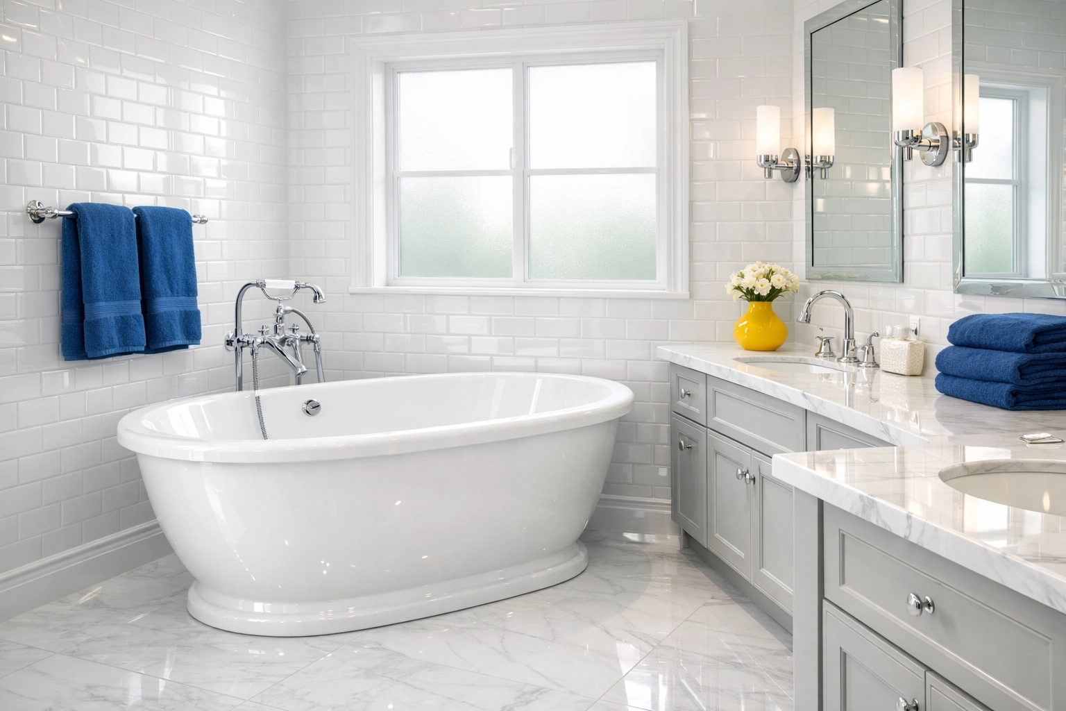 Luxury master bathroom with streak-free fixtures following a professional post-construction cleaning MA.