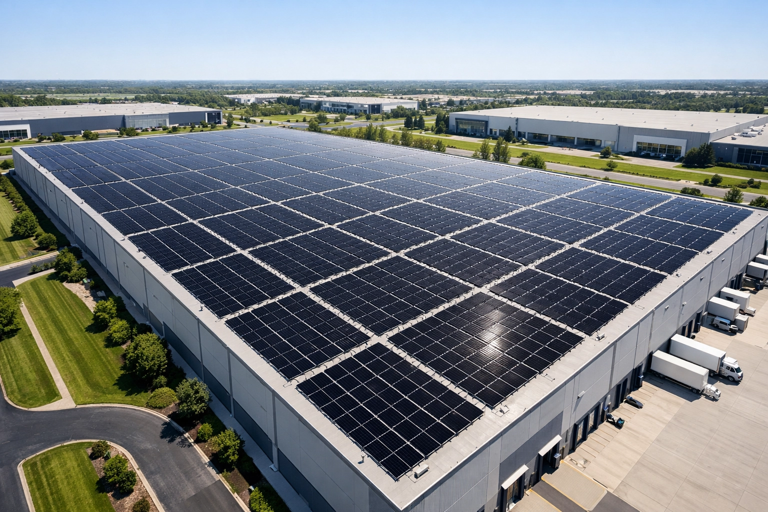 Industrial warehouse roof featuring a large commercial solar panel installation for business energy efficiency.