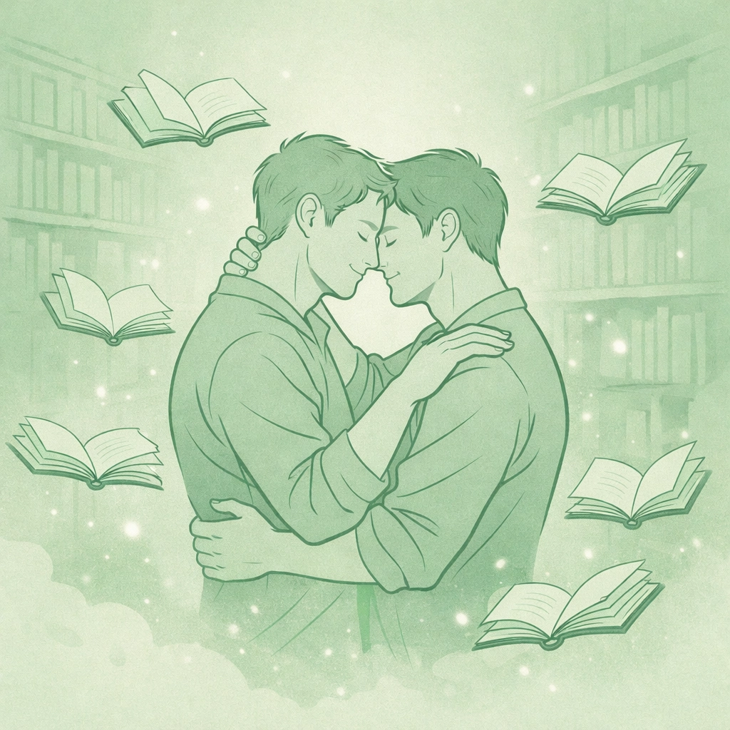 Gay couple embracing among floating books choosing courage and love in MM romance