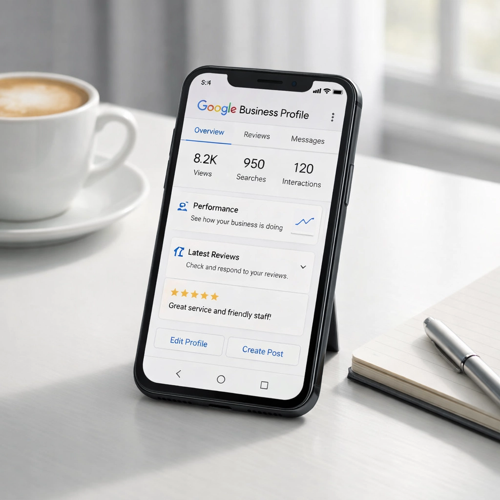 Smartphone showing Google Business Profile dashboard for updating business hours and attributes