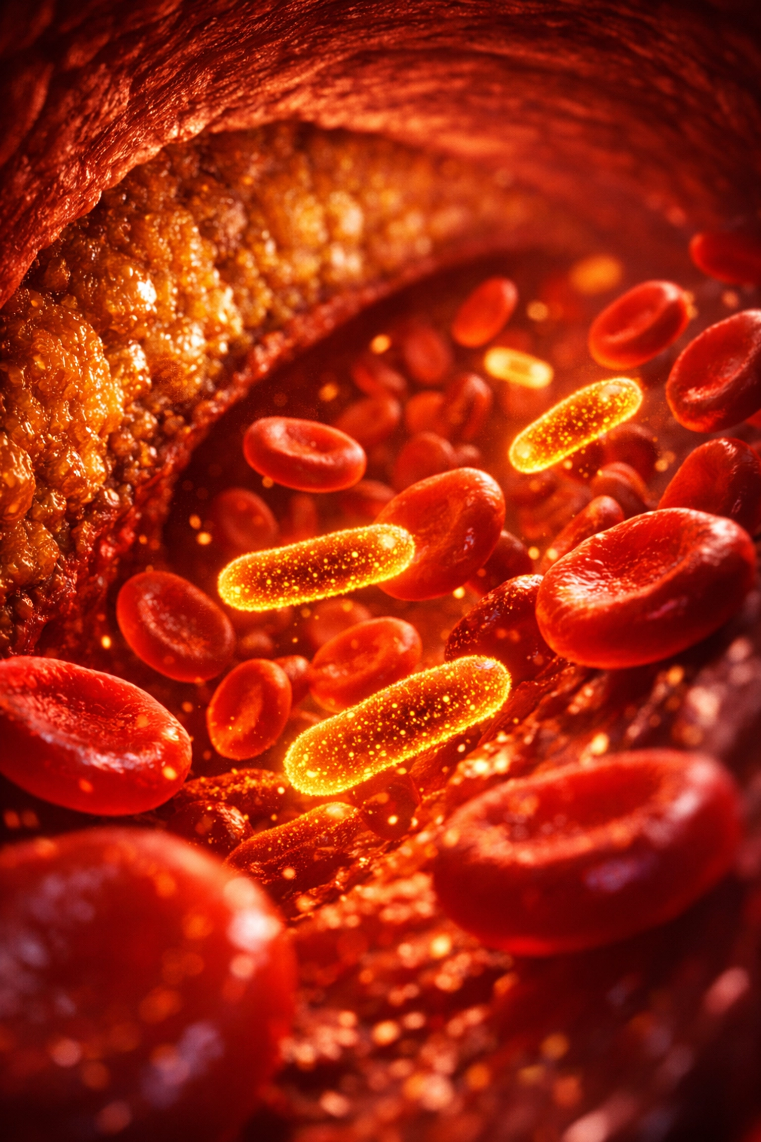 Microscopic view of bacteria and red blood cells traveling through an artery with plaque buildup.