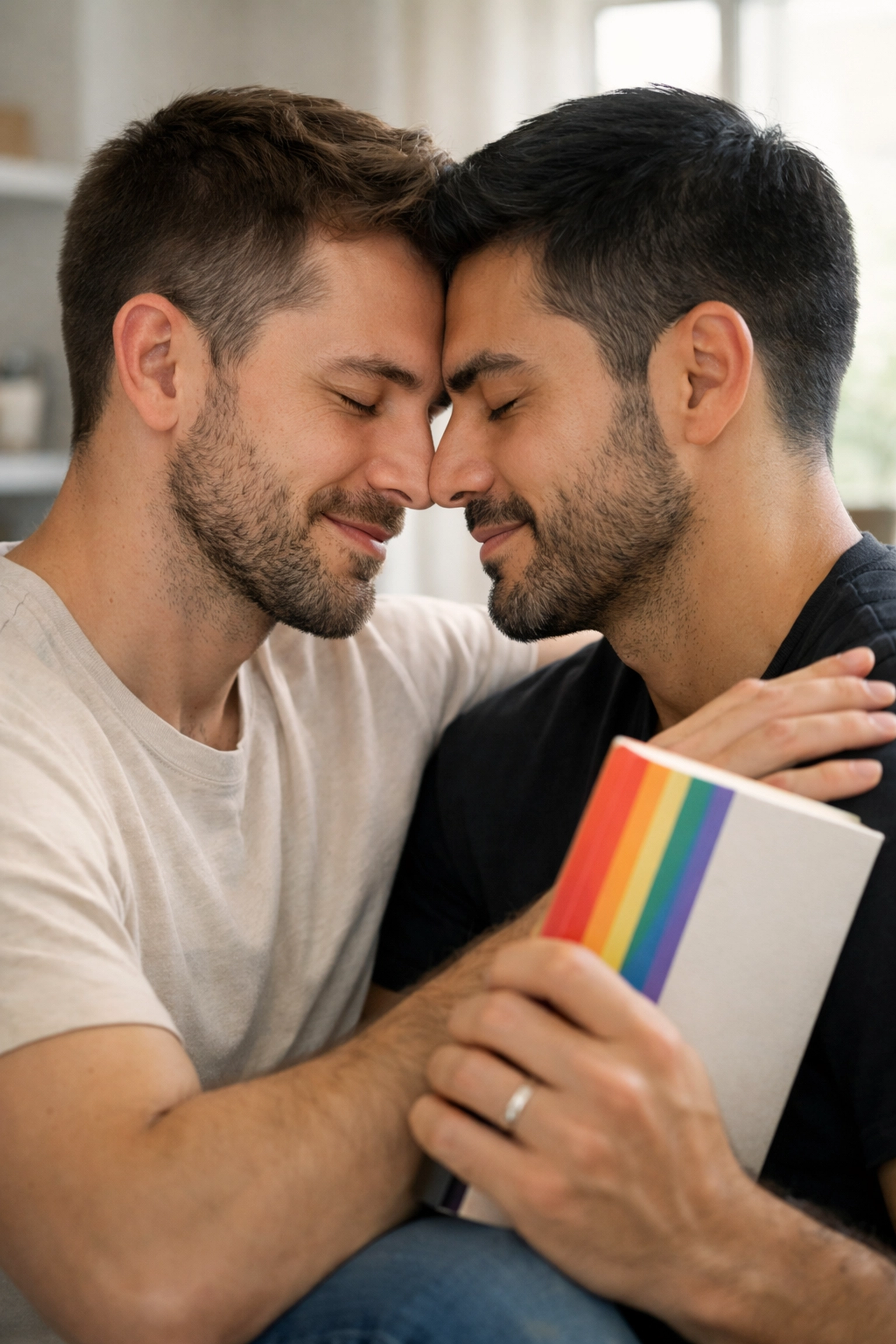 Two men share a tender embrace while holding a book, reflecting the joy and emotional depth of MM romance stories.
