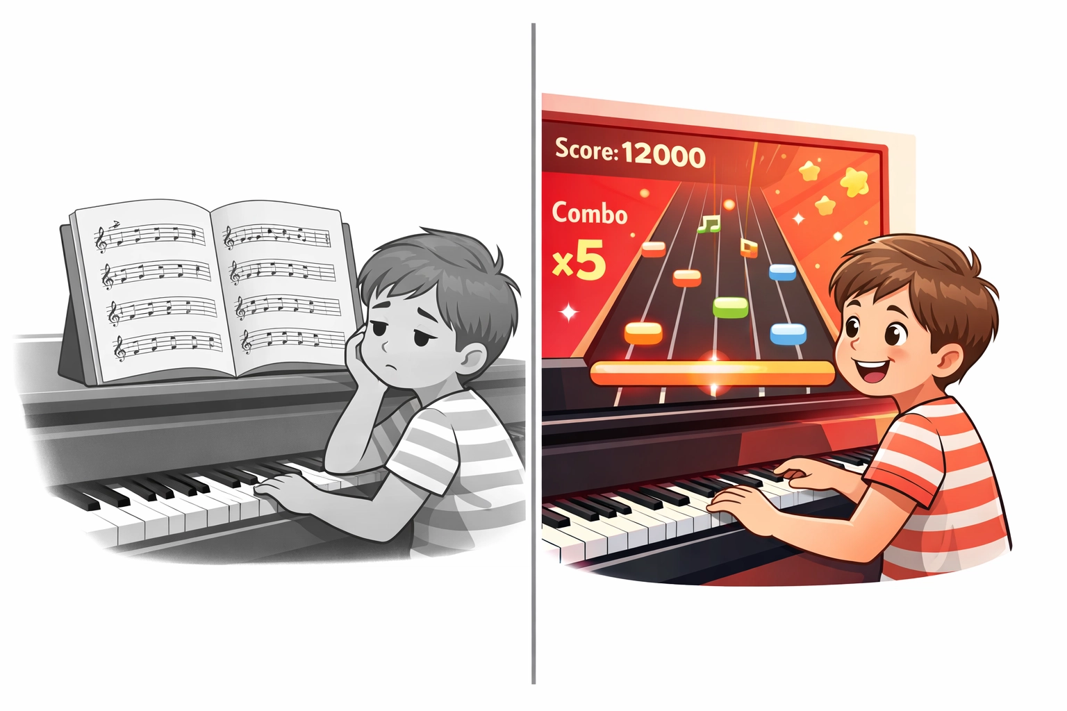 Comparison showing engaged child with game-based piano lessons versus traditional method