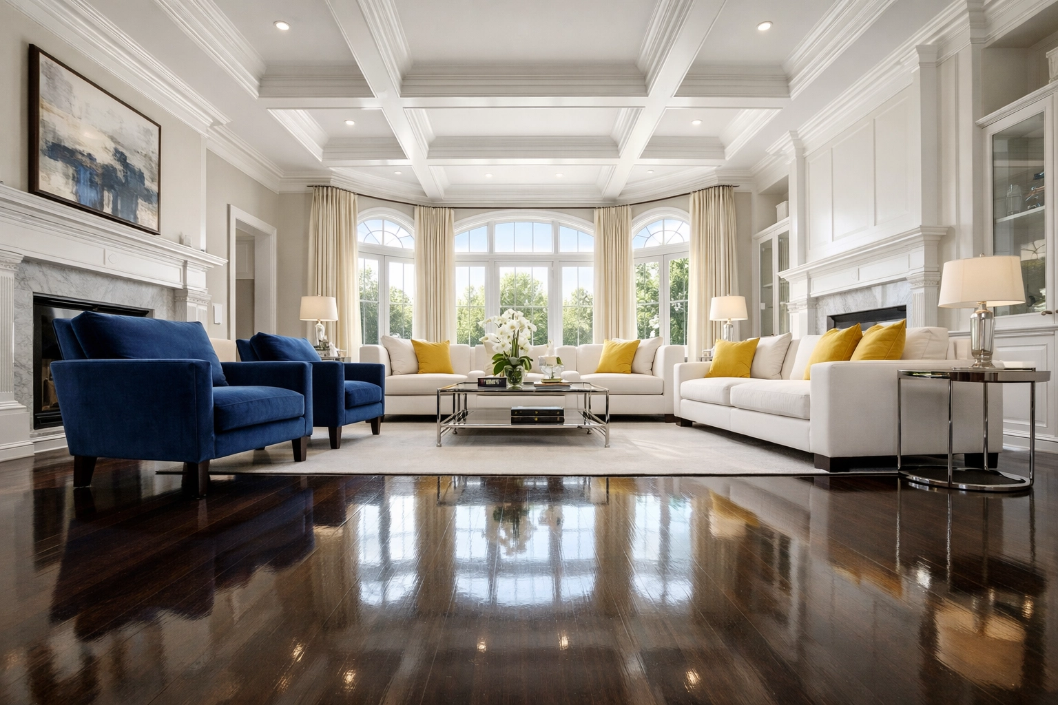 Pristine luxury living room in Dover showing expert residential cleaning Massachusetts standards.
