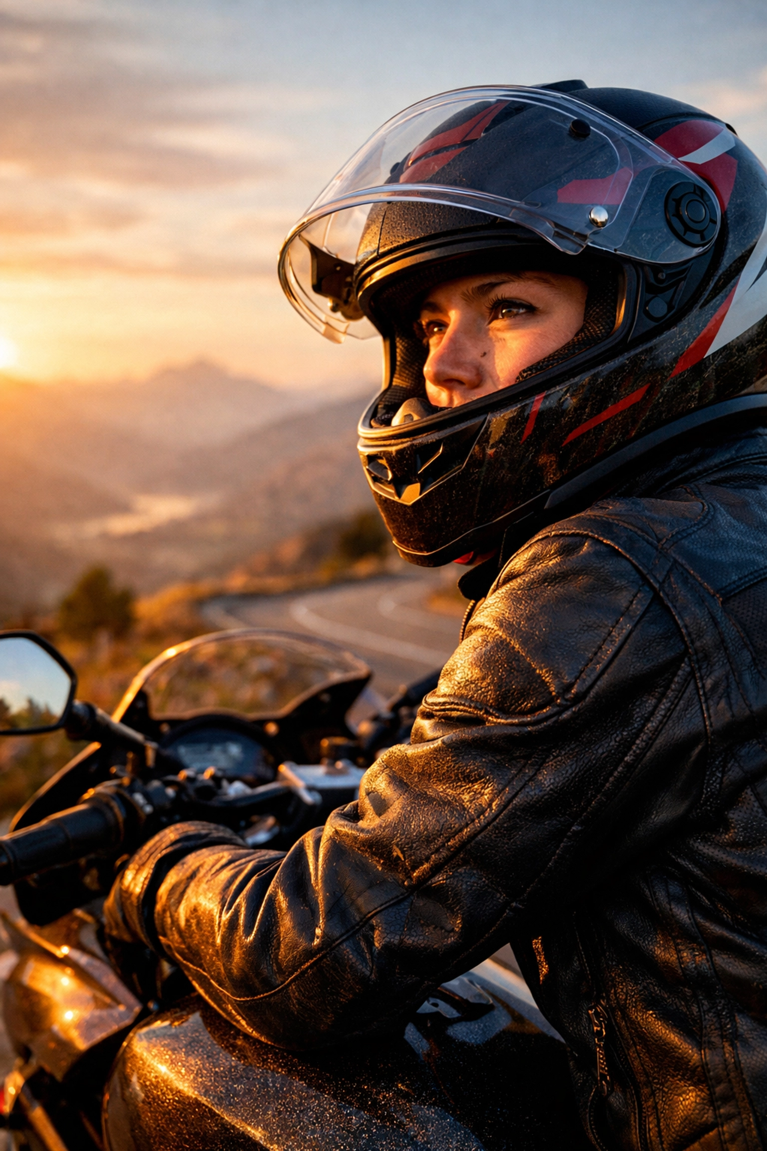 A thoughtful motorcyclist wearing safety gear reflecting on the psychological side of riding.
