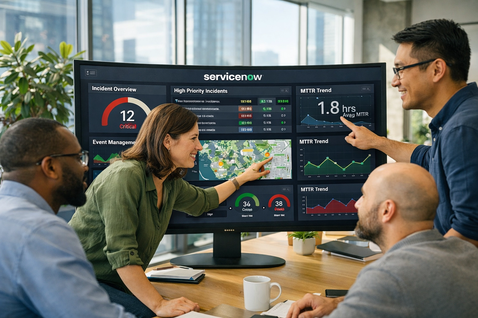 IT operations team reviewing ServiceNow ITOM incident resolution metrics and performance dashboards