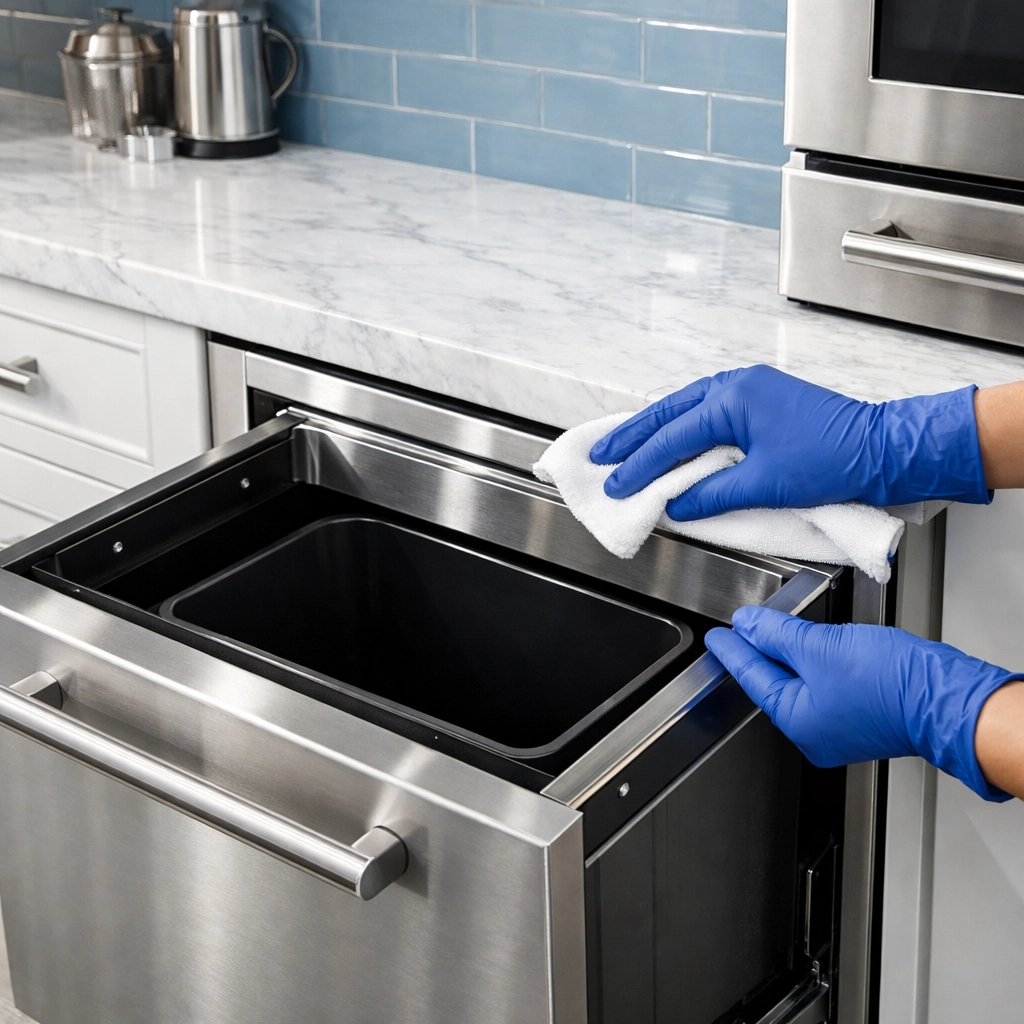 Professional deep cleaning of a built-in stainless steel trash compactor interior.
