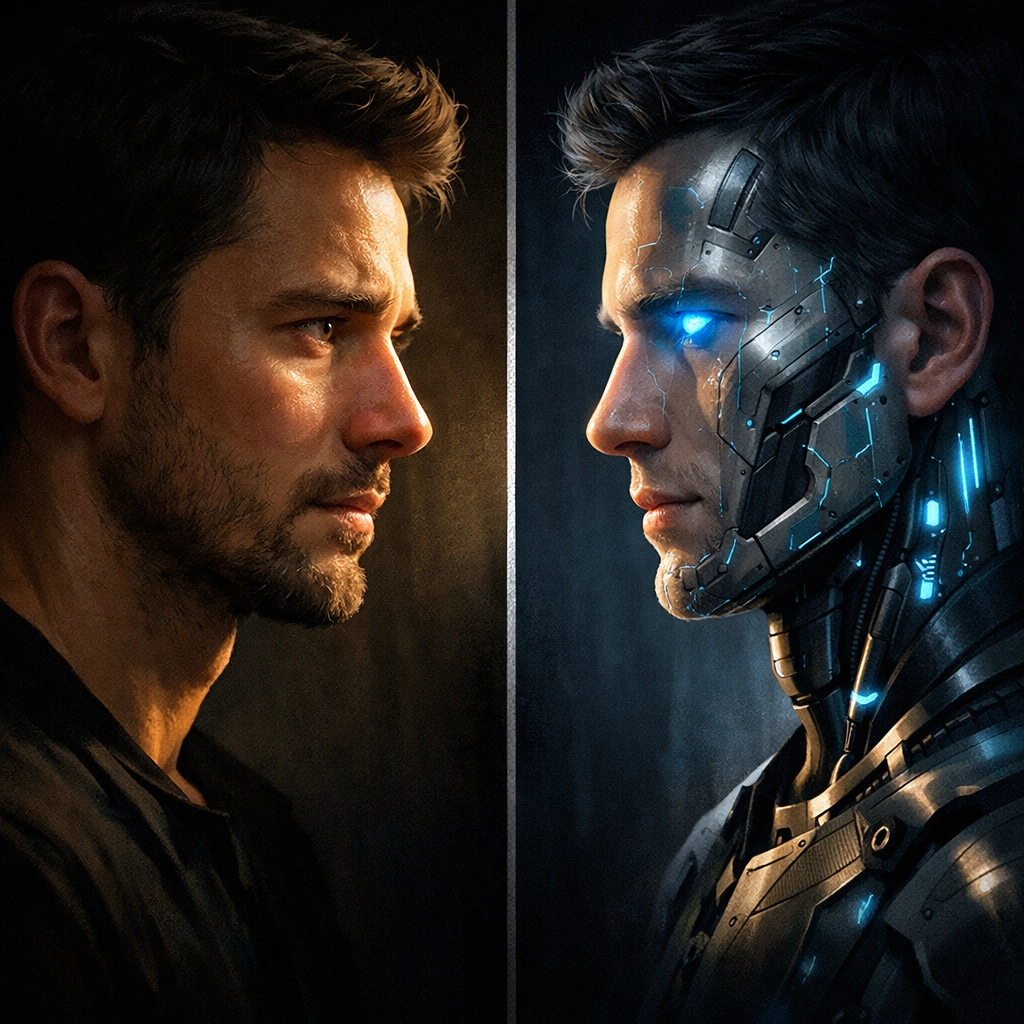 Human and robotic twin face-off illustrating AI identity themes in Symposium novel
