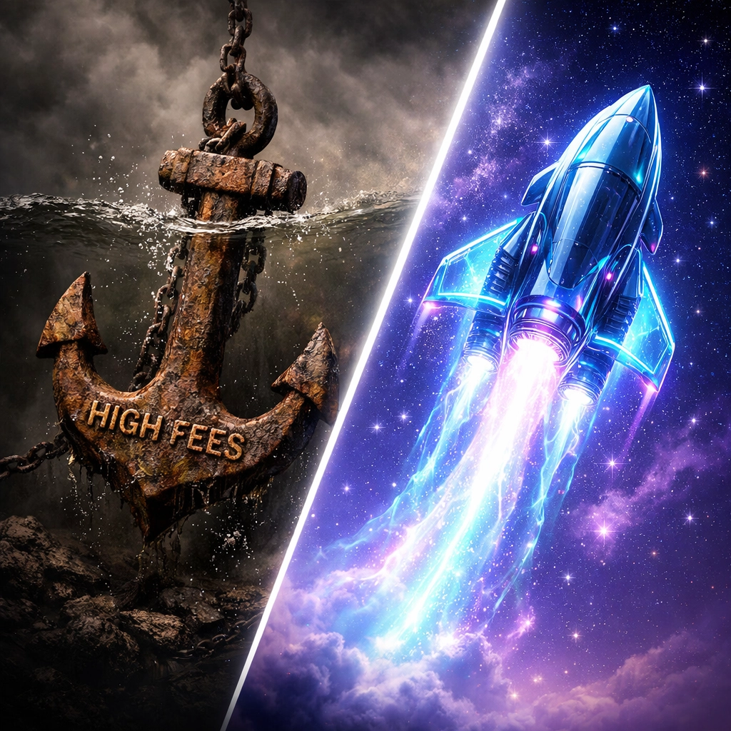 Visual comparison of high legacy transaction fees sinking like an anchor versus fast, low-cost Larecoin blockchain payments.