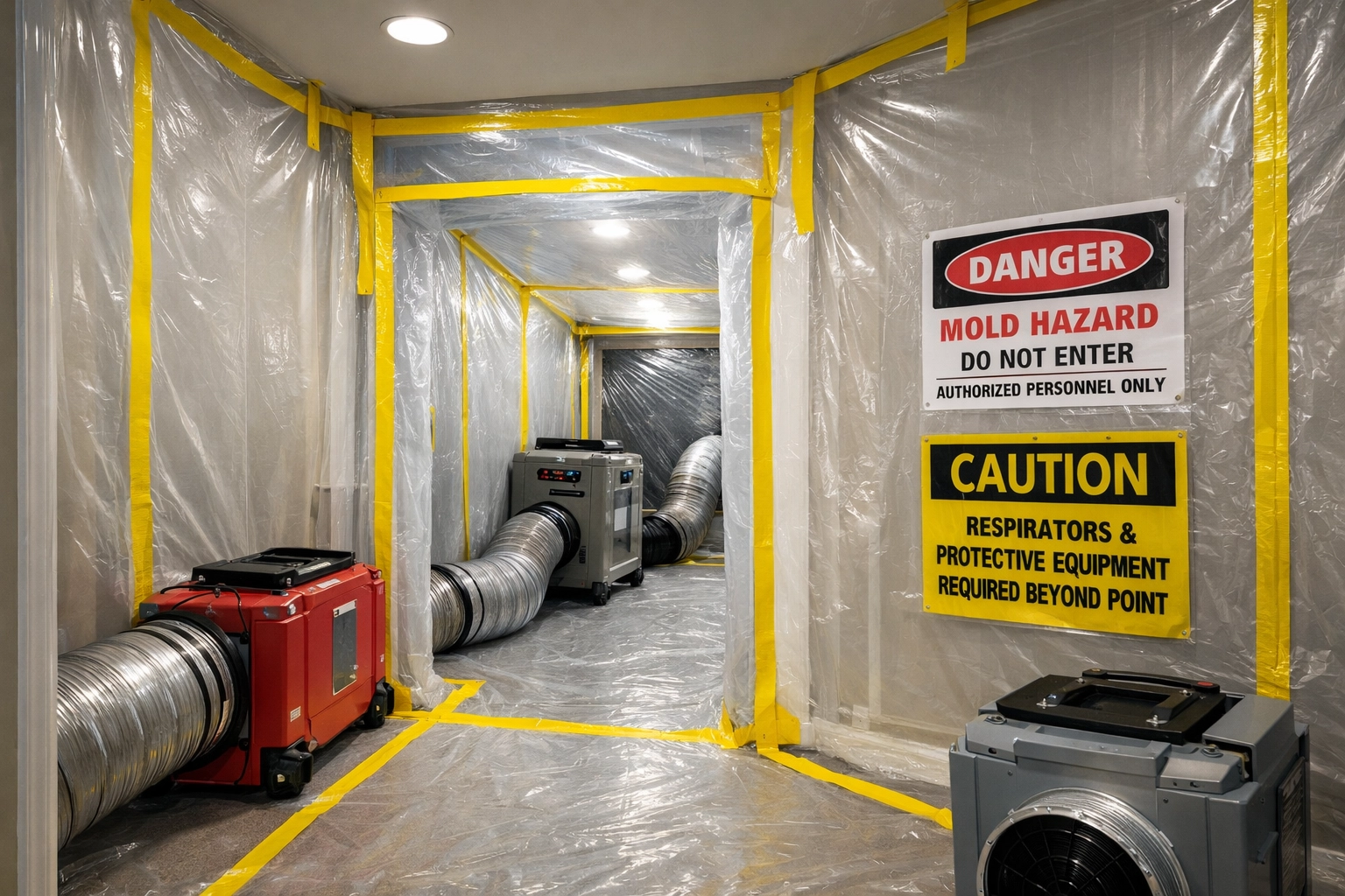Professional mold containment barriers with plastic sheeting during remediation process