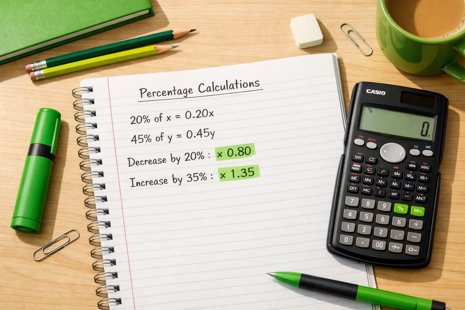 Student desk with SAT math practice notebook showing percentage multiplier formulas