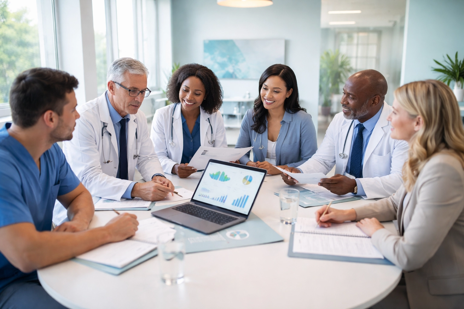 Healthcare leadership team collaborating on QAPI program strategy in a modern, well-lit conference room