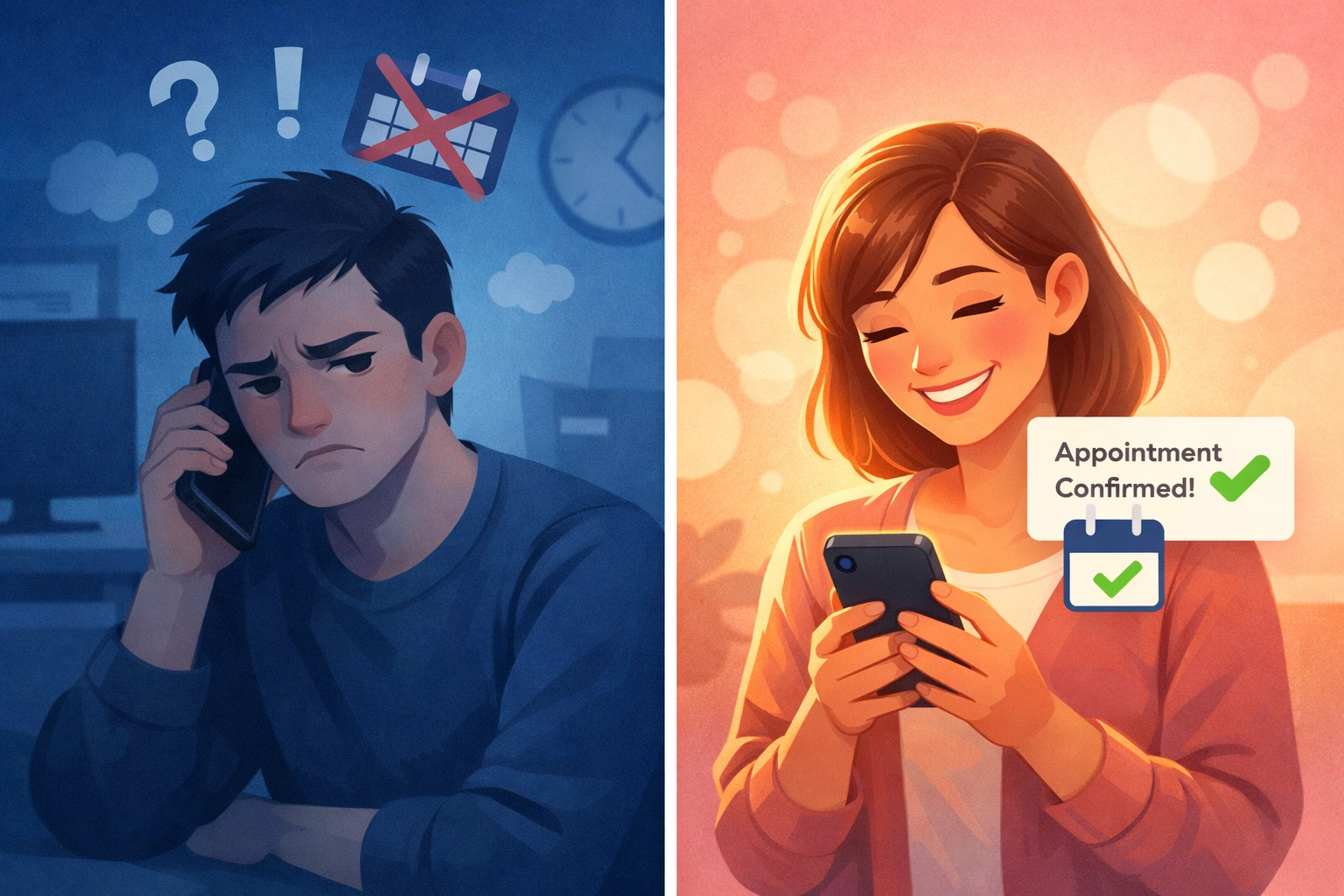 Comparison of frustrated client with voicemail versus satisfied client with confirmed appointment