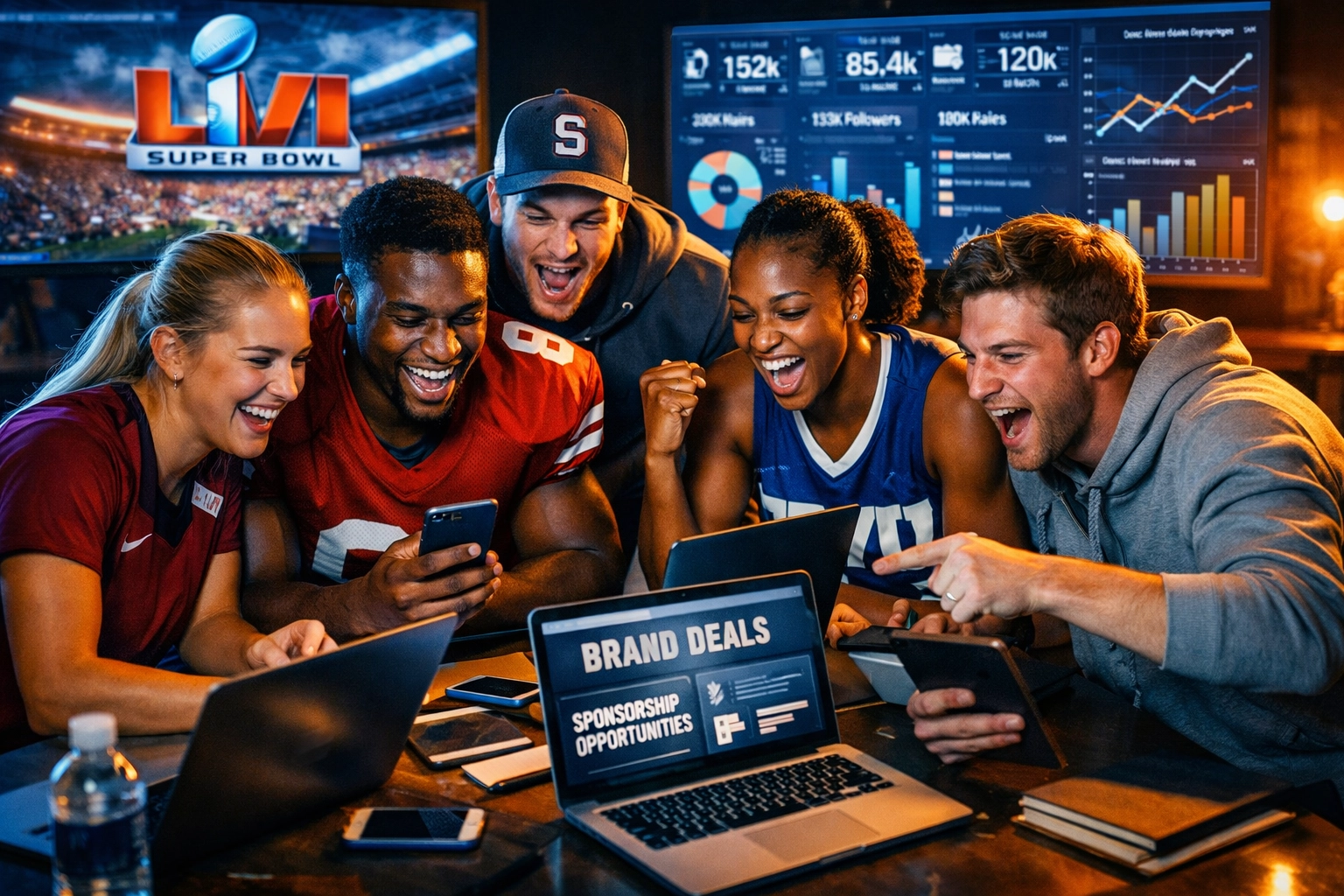 College athletes reviewing NIL brand partnership opportunities on laptops during Super Bowl weekend
