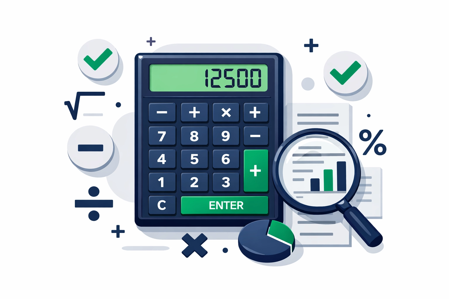 Illustration of a calculator and magnifying glass performing a detailed audit to ensure tax prep accuracy.