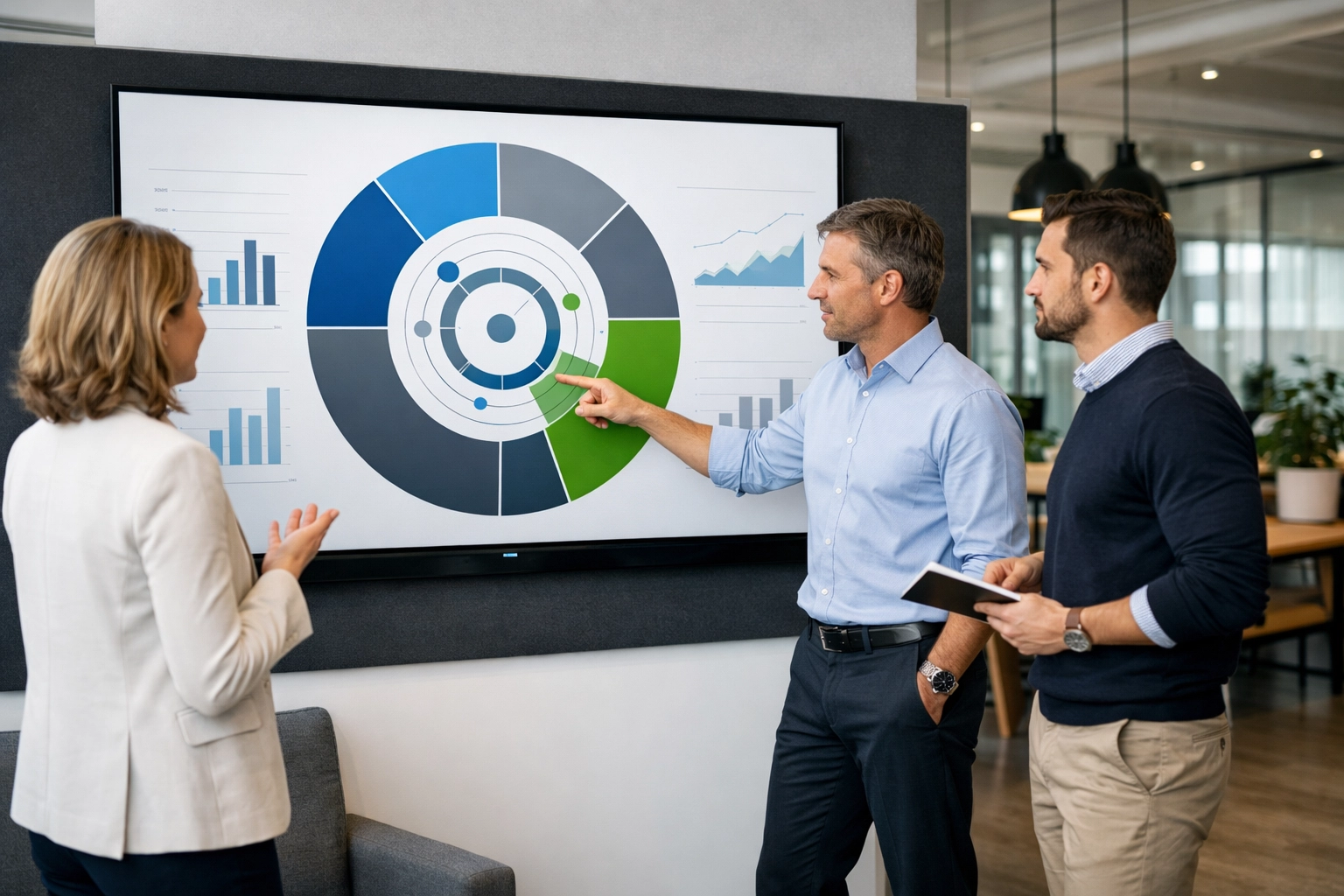 Strategic team analyzing a segmented chart for AI and CTV budget allocation.