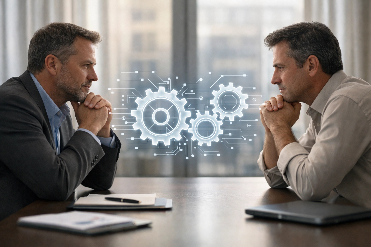 Business partners discussing strategy, illustrating relationship as the operating system of their company