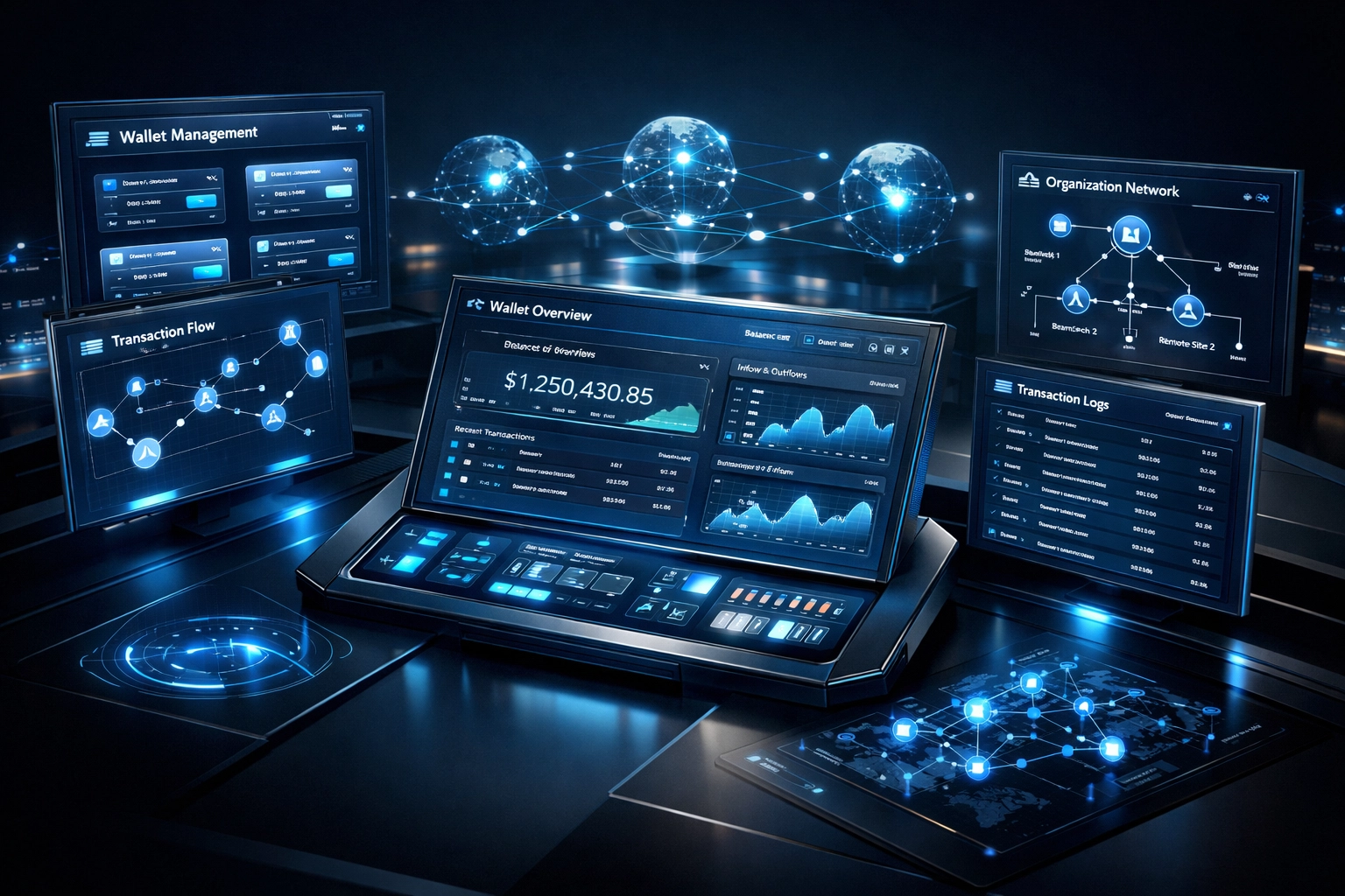 Enterprise merchant dashboard showing multi-wallet crypto payment infrastructure and treasury management