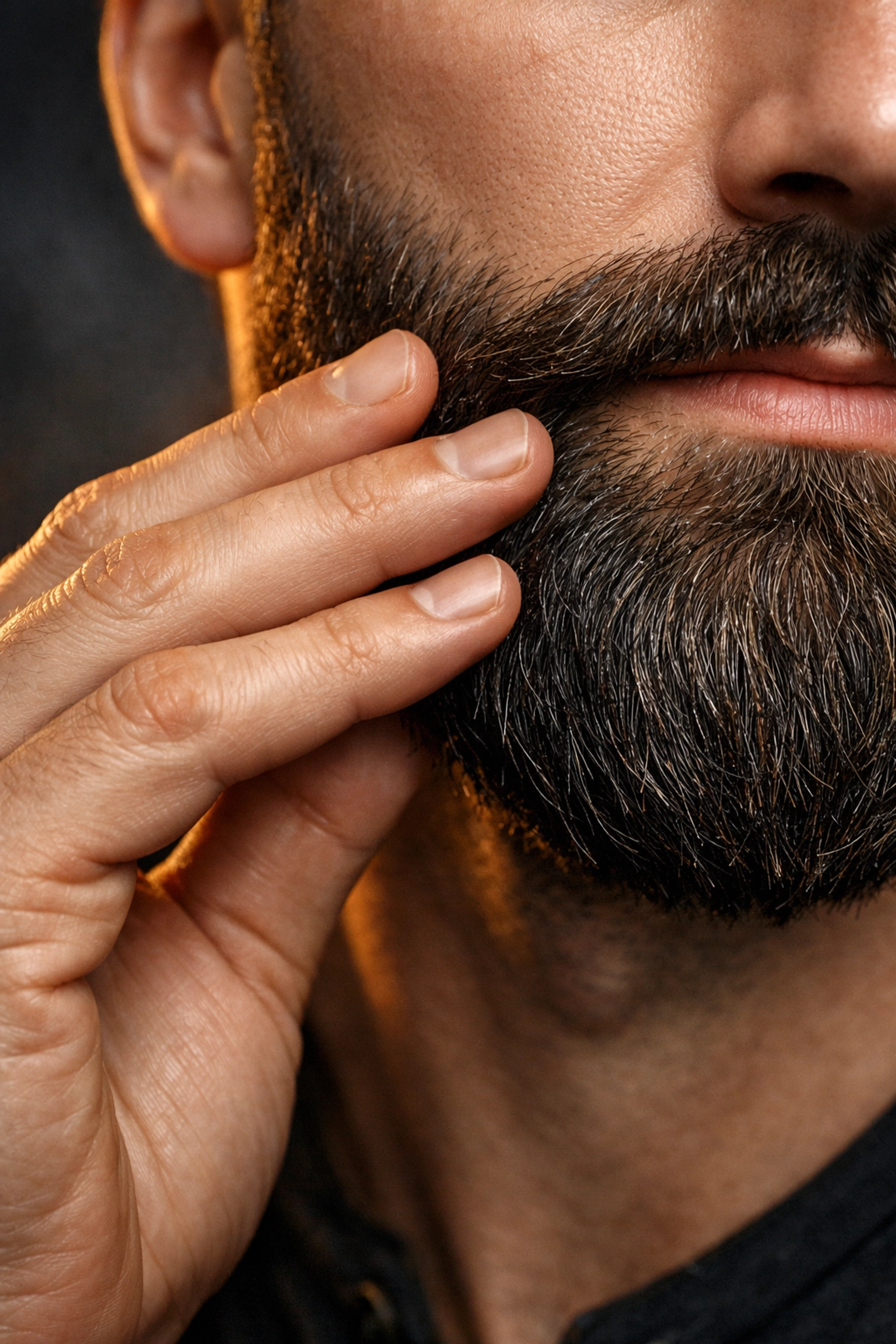 Man styling a thick, groomed beard for a matte, controlled finish with high-hold beard wax.