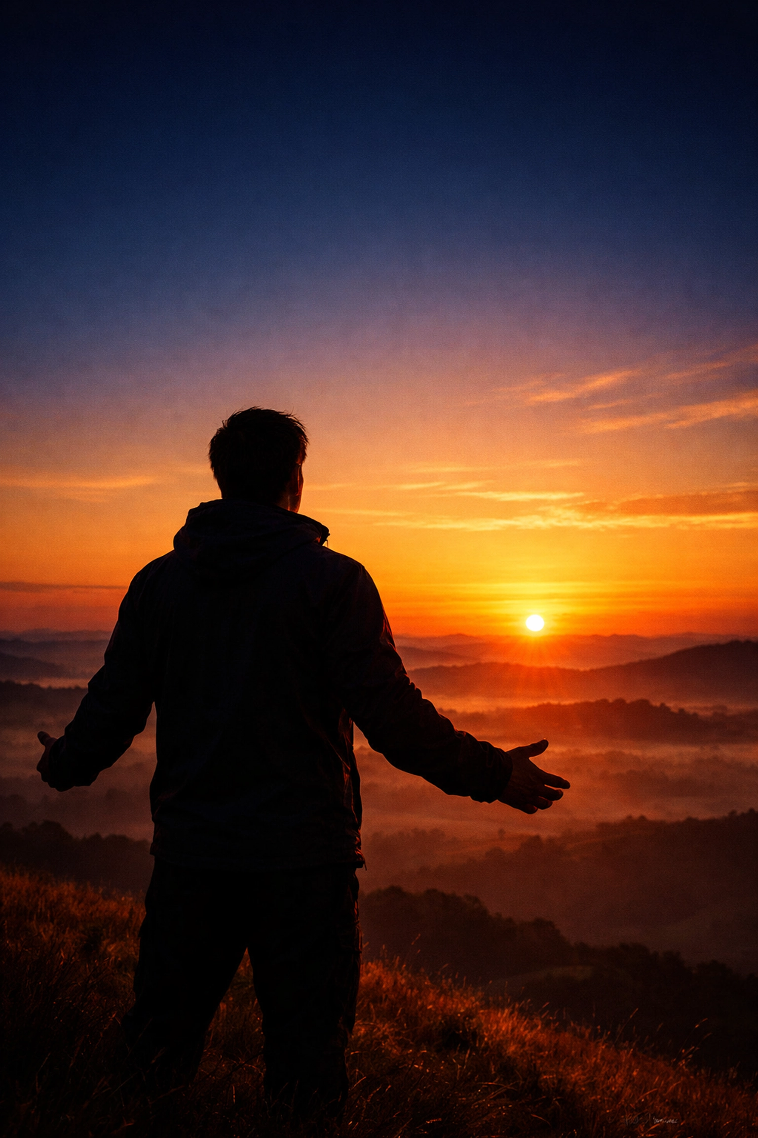 Person on hilltop at sunrise representing hope, renewal, and Christ's peace