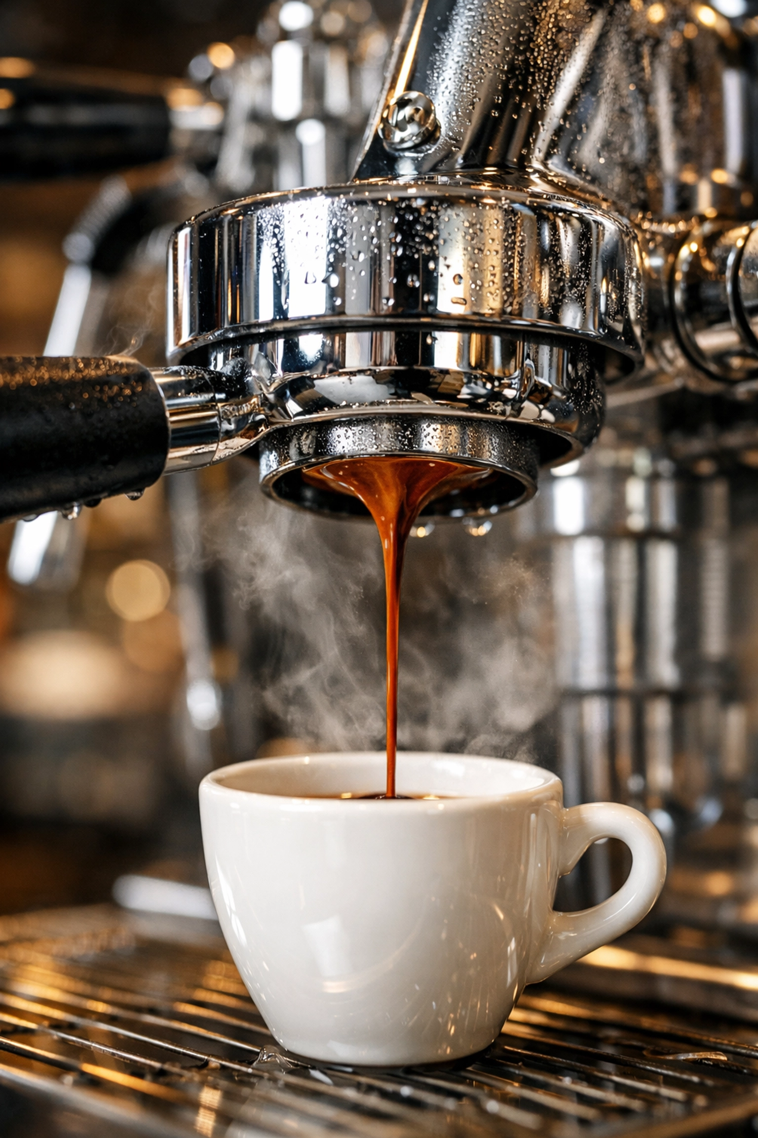 A professional espresso machine pulling a rich shot of specialty coffee into a white ceramic cup.