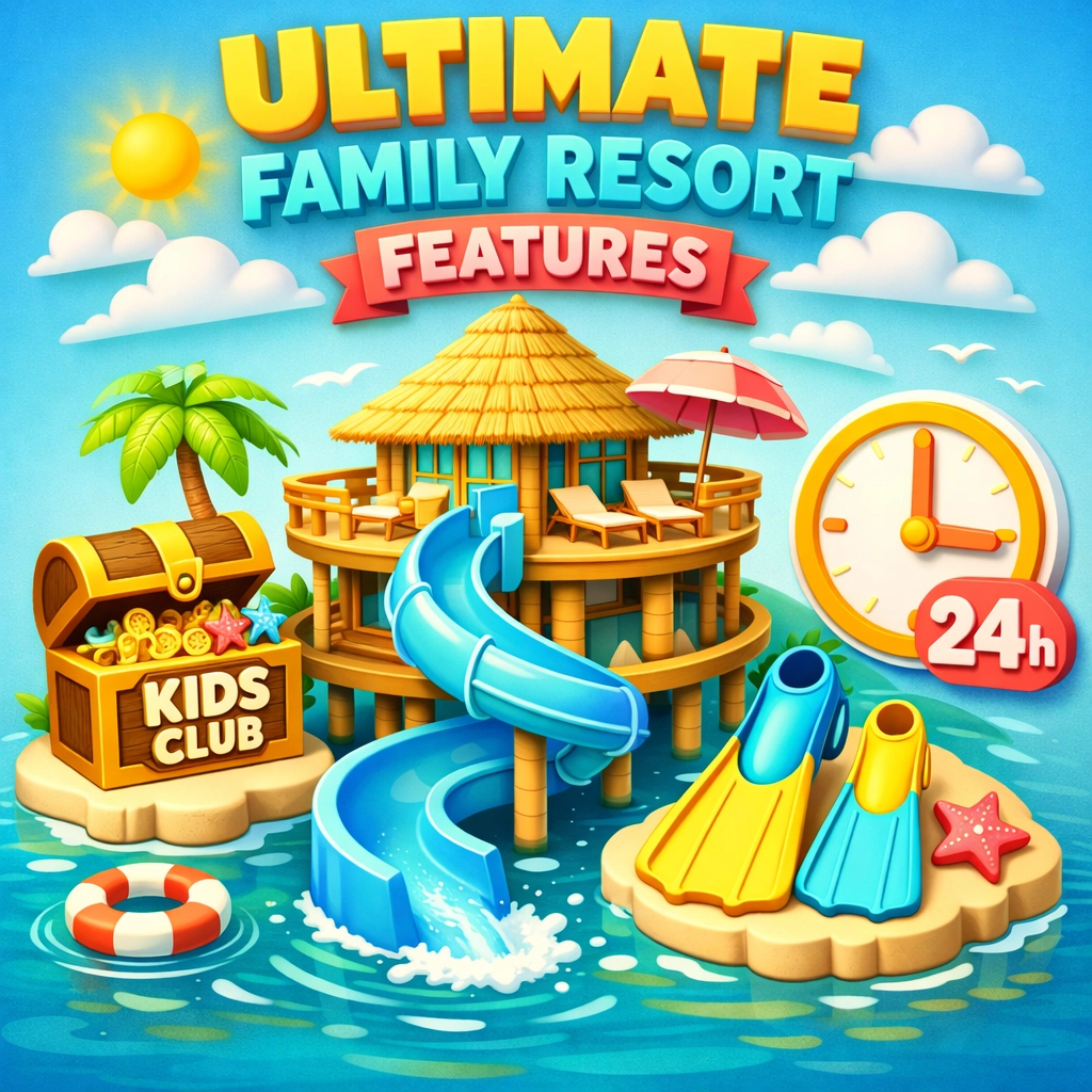 Family-friendly Maldives luxury resorts infographic featuring overwater villa slides and kids' club activities.