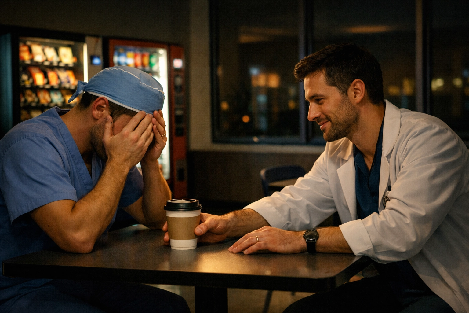 A supportive doctor slides coffee to a weary surgeon in a quiet hospital cafeteria at night.