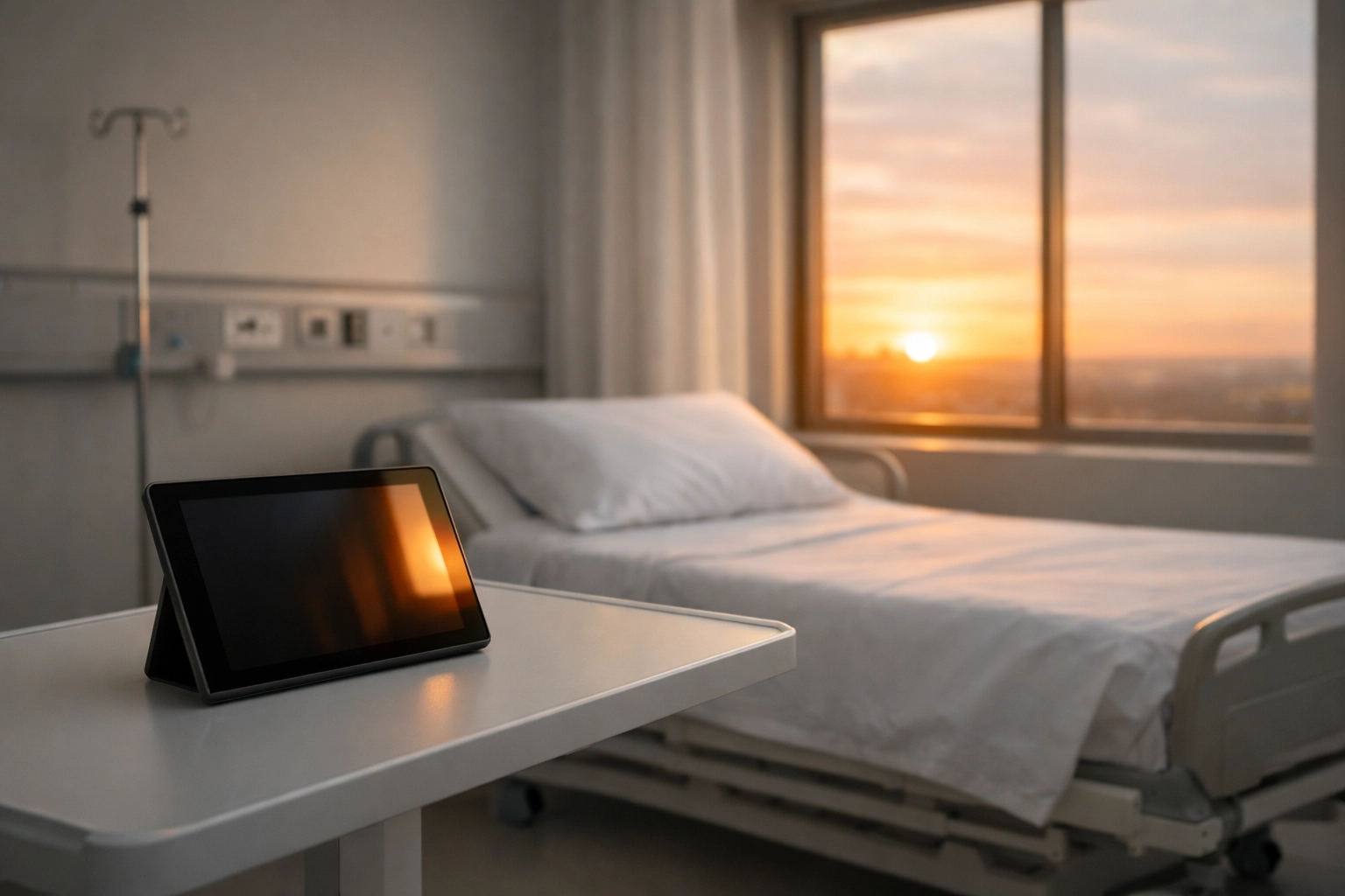A dark medical tablet in an empty patient room, representing stagnant digital health innovation and siloed data.