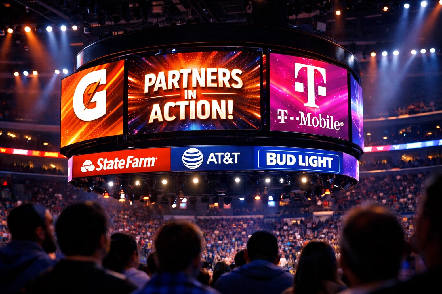LED video board displaying brand partnership content in professional sports arena during live event