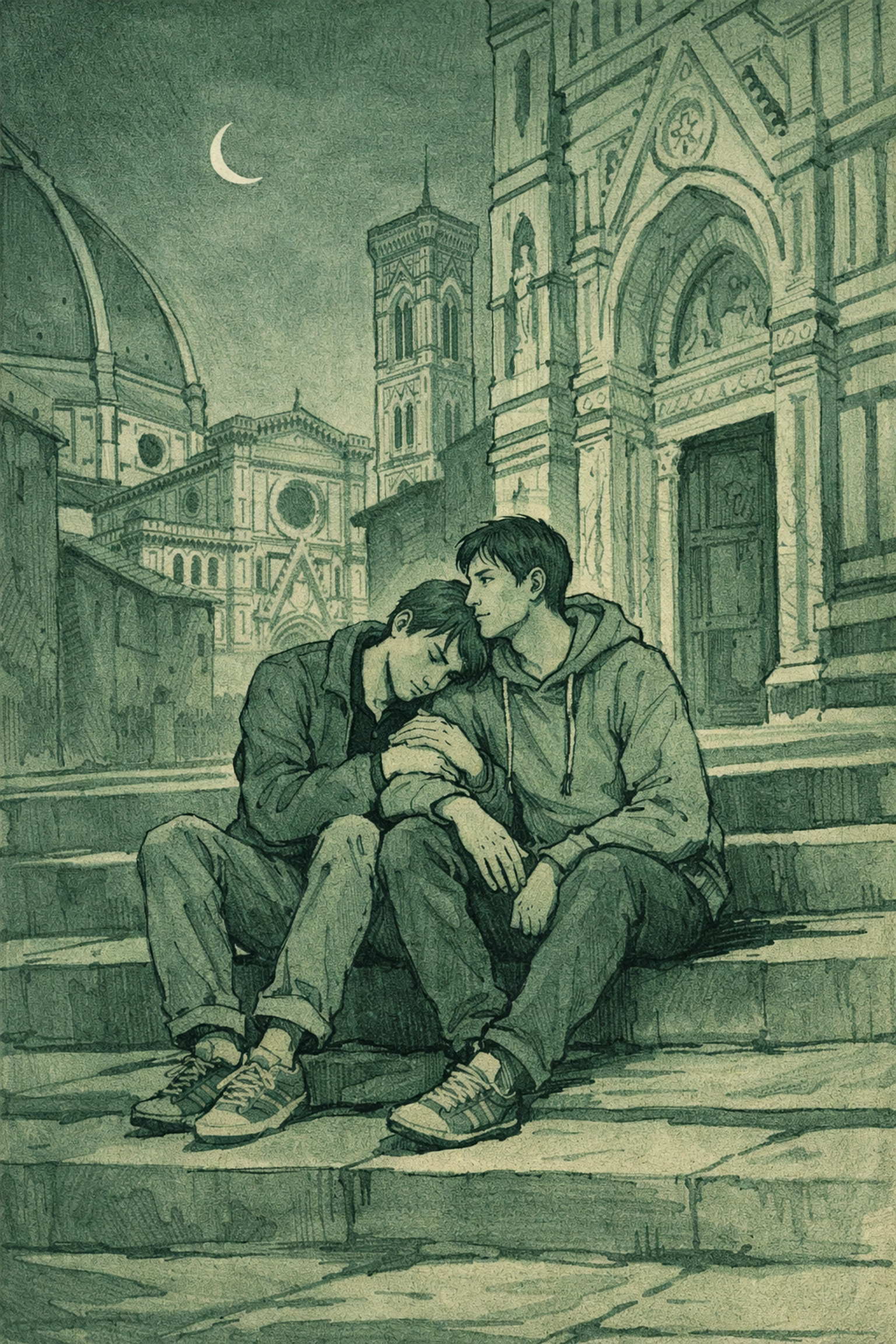 Two men share intimate moment on Florence cathedral steps at night - LGBTQ+ romance