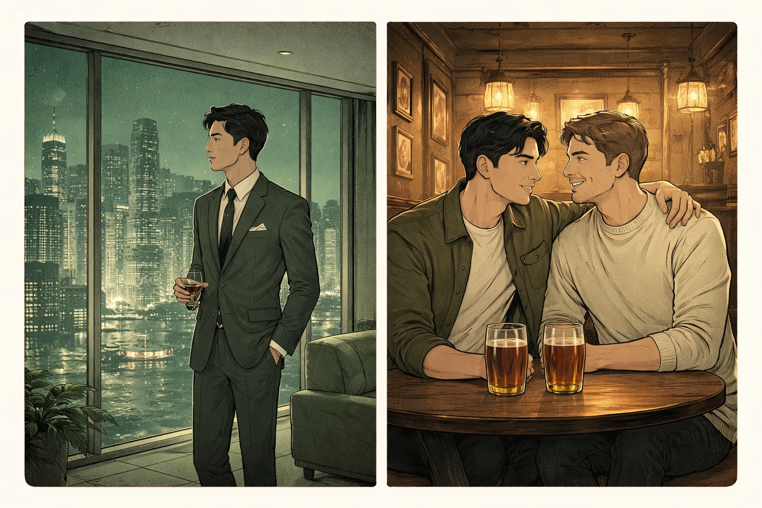 Illustration of Julian isolated in a Hong Kong penthouse contrasted with finding warmth next to Arthur in a London pub, highlighting love versus loneliness in Imperial Hearts.