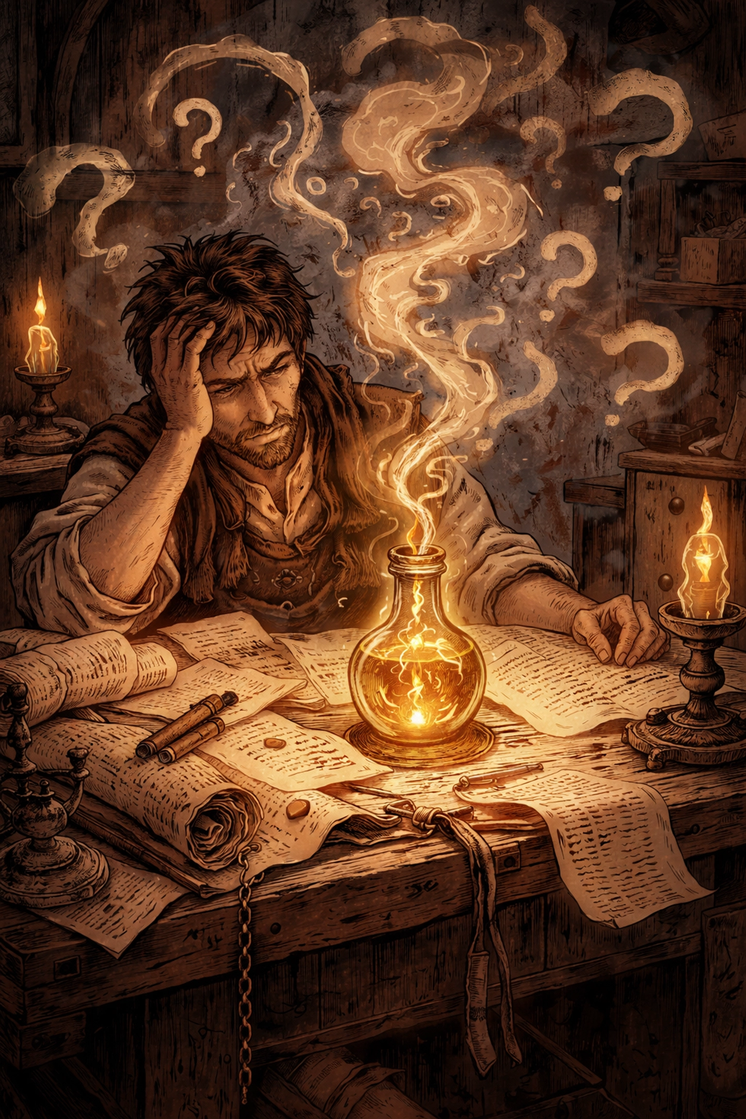 Frustrated artisan at a cluttered desk with mysterious bottles, highlighting the challenge of unclear scent ingredients.