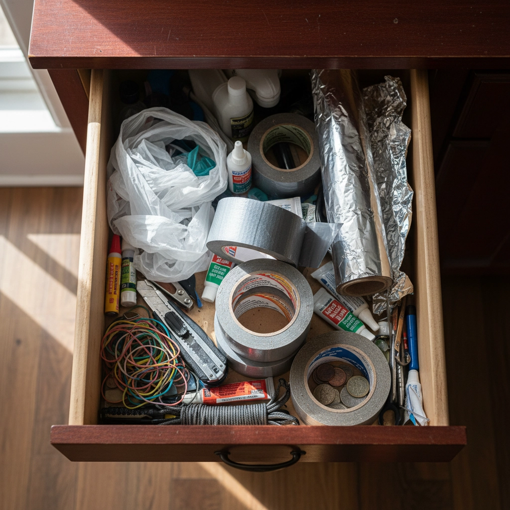 A picture of the "kitchen junk drawer" with random items such as duct tape rubber bands, super glue, foil and box cutters.
