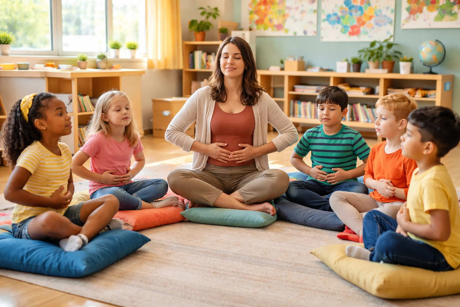 Diverse classroom of children and teacher practicing deep breathing together, demonstrating teaching emotional regulation.
