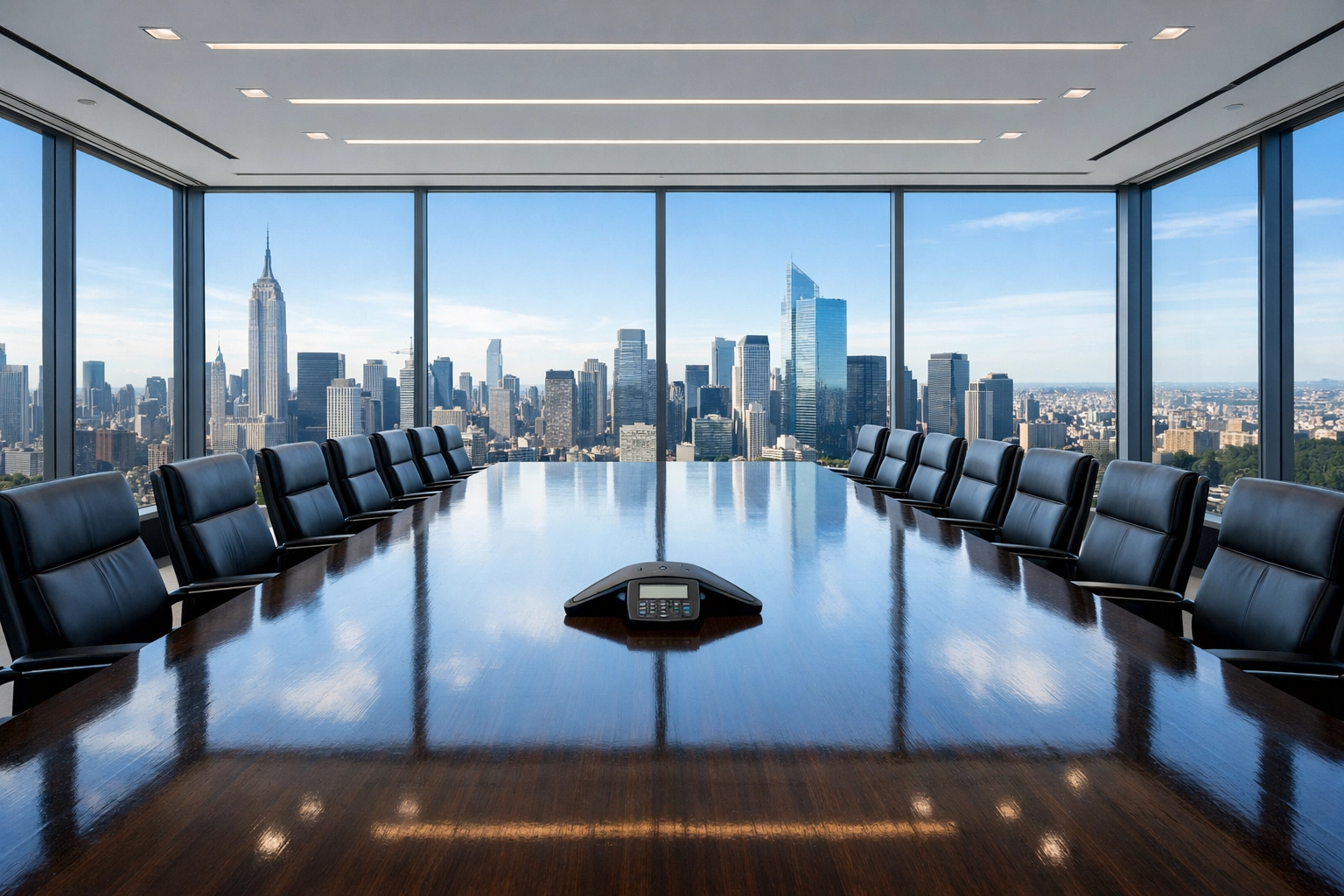 Perfectly organized corporate conference room with a polished wood table and views of a major city skyline.
