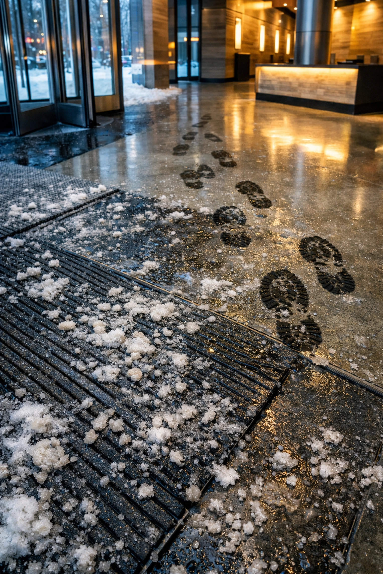 Commercial building entrance with salt-covered mats and wet floors during Chicago winter