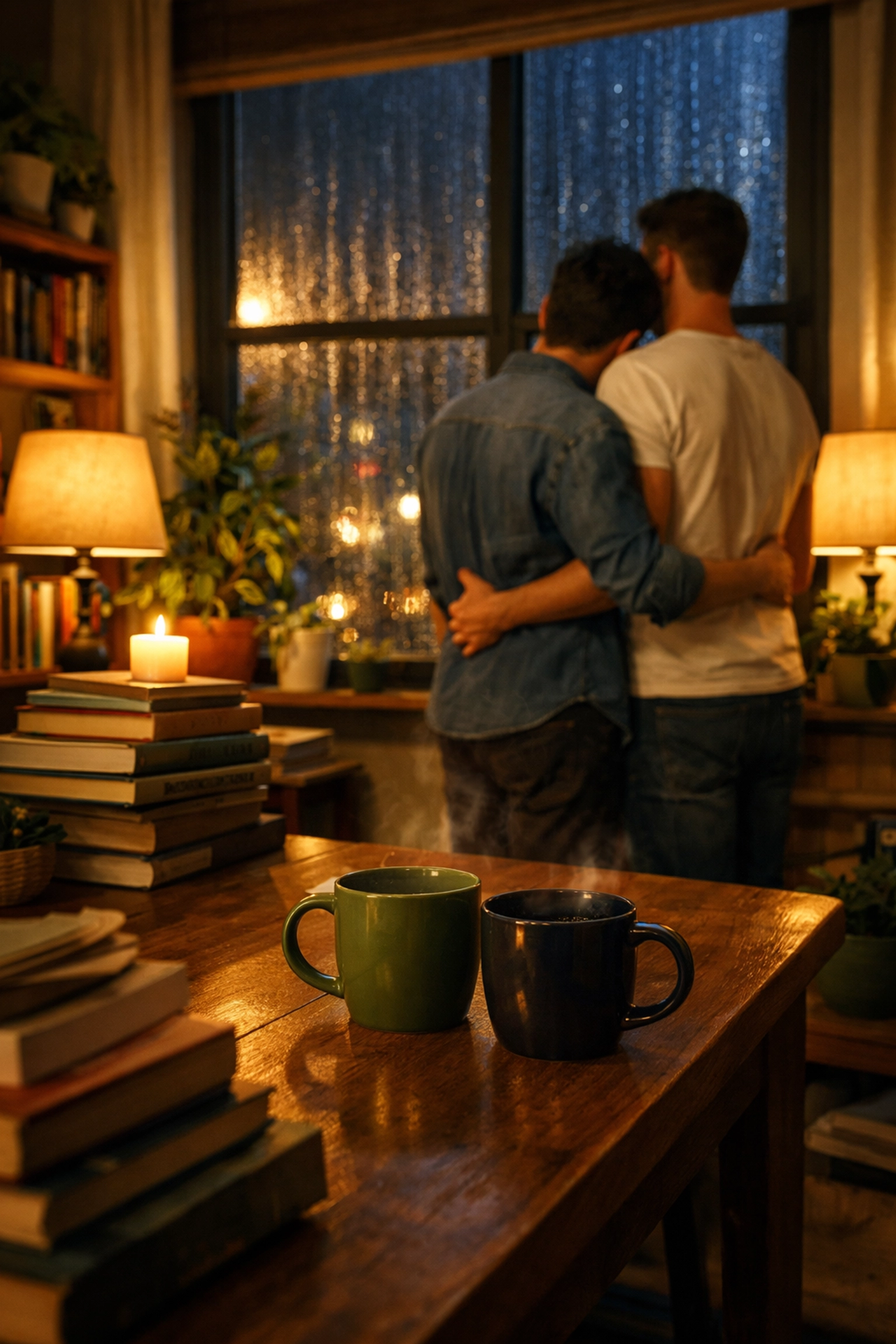 Cozy apartment sanctuary with coffee and books - safe haven in MM romance story