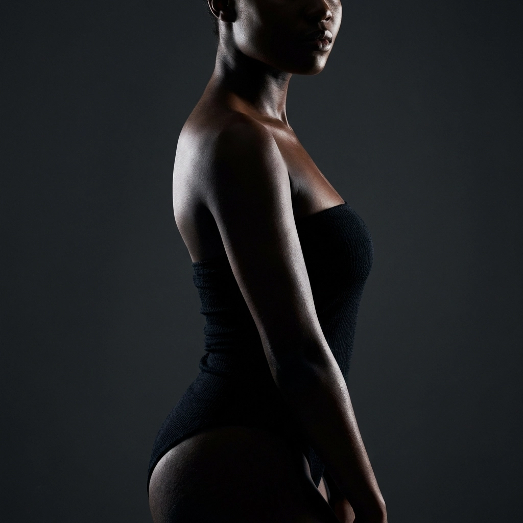 Erotic photography featuring a Black woman with radiant skin using dramatic rim lighting to sculpt the body.