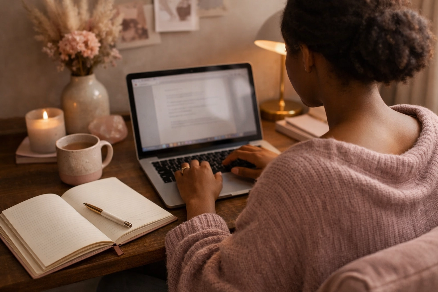 Maria in a cozy home office, looking naturally at her laptop screen with calm, compassionate energy