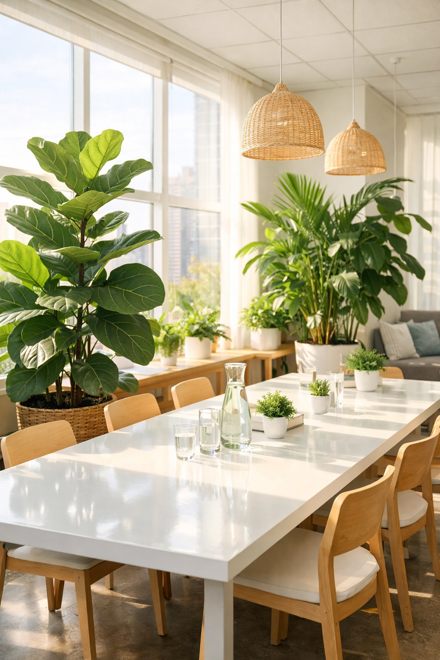 Modern office breakroom with healthy plants illustrating the benefits of eco-friendly cleaning.