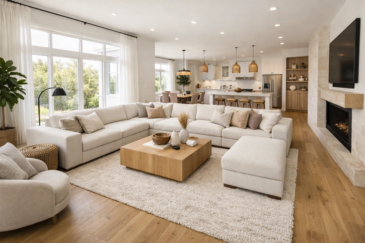 Wide-angle view of a U-shaped sectional sofa anchoring a modern home renovation living space.